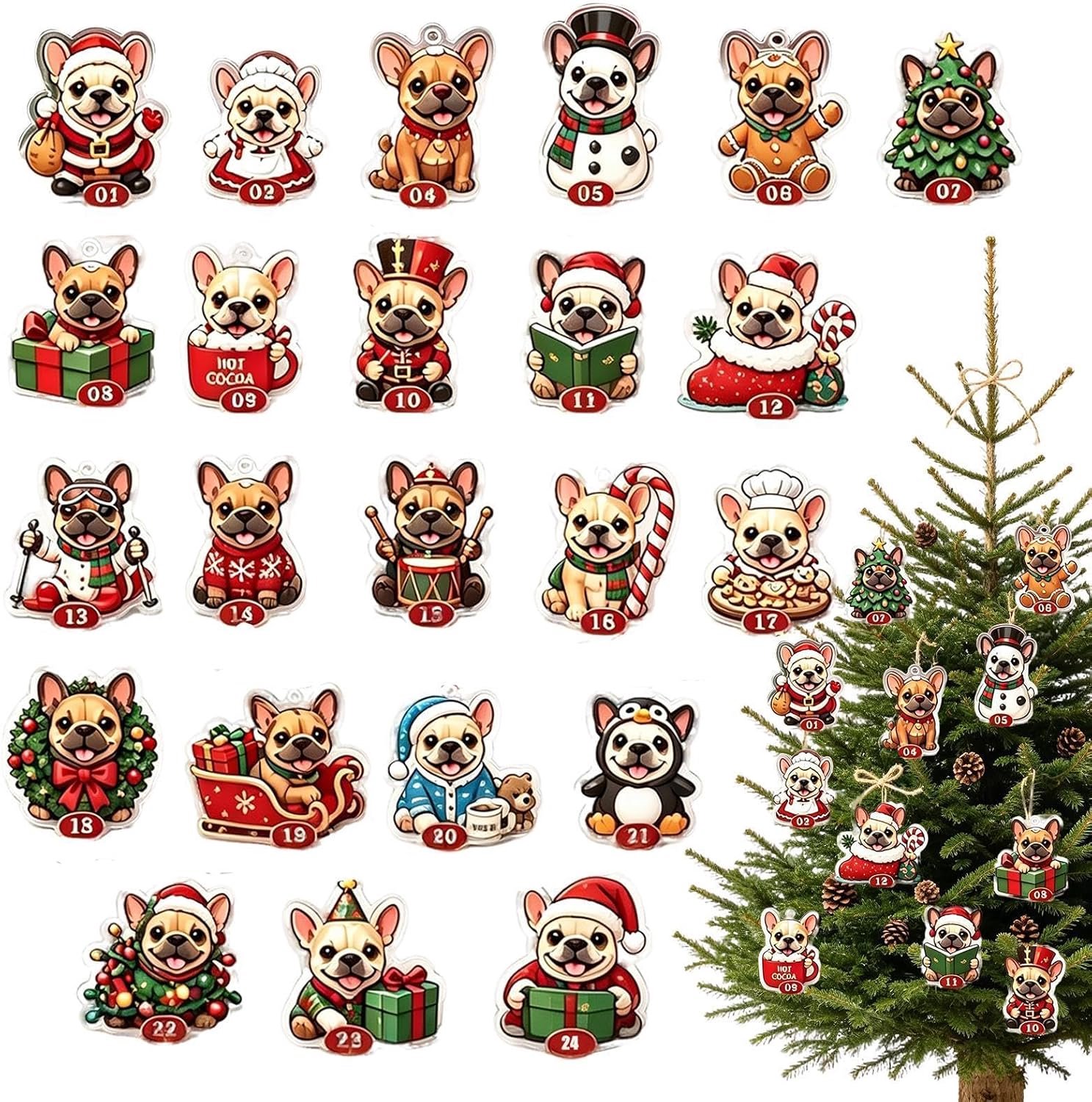 Kerst Franse Bulldog Advent | 2D Acryl 24 Dagen | Aftelkalender