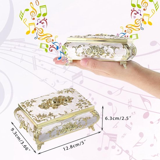 Vintage Muziek Doos - Metalen Muziek Sieraden Doos Ring Souvenir Doos Armband Oorbellen Cadeau voor Vrouwen (Wit+Goud) — afbeelding 2