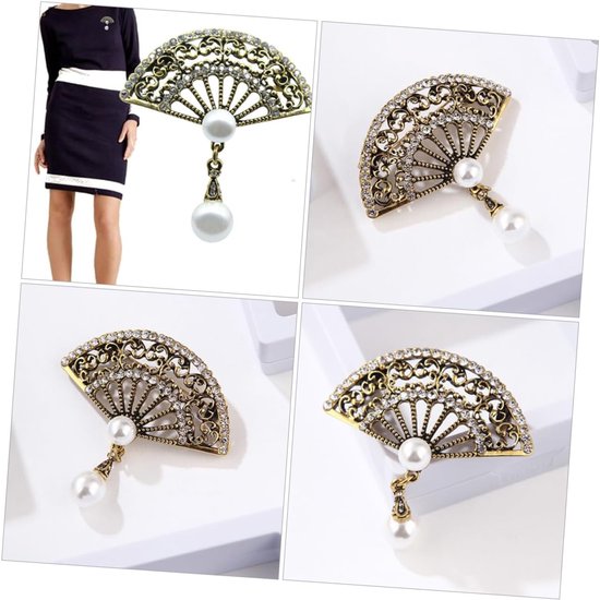 2 Vintage Chinese Fanvormige Broches met Parelhanger Koperkleurige Stijlvolle Accessoires voor Feestelijke Zakelijke Gelegenheden — afbeelding 3