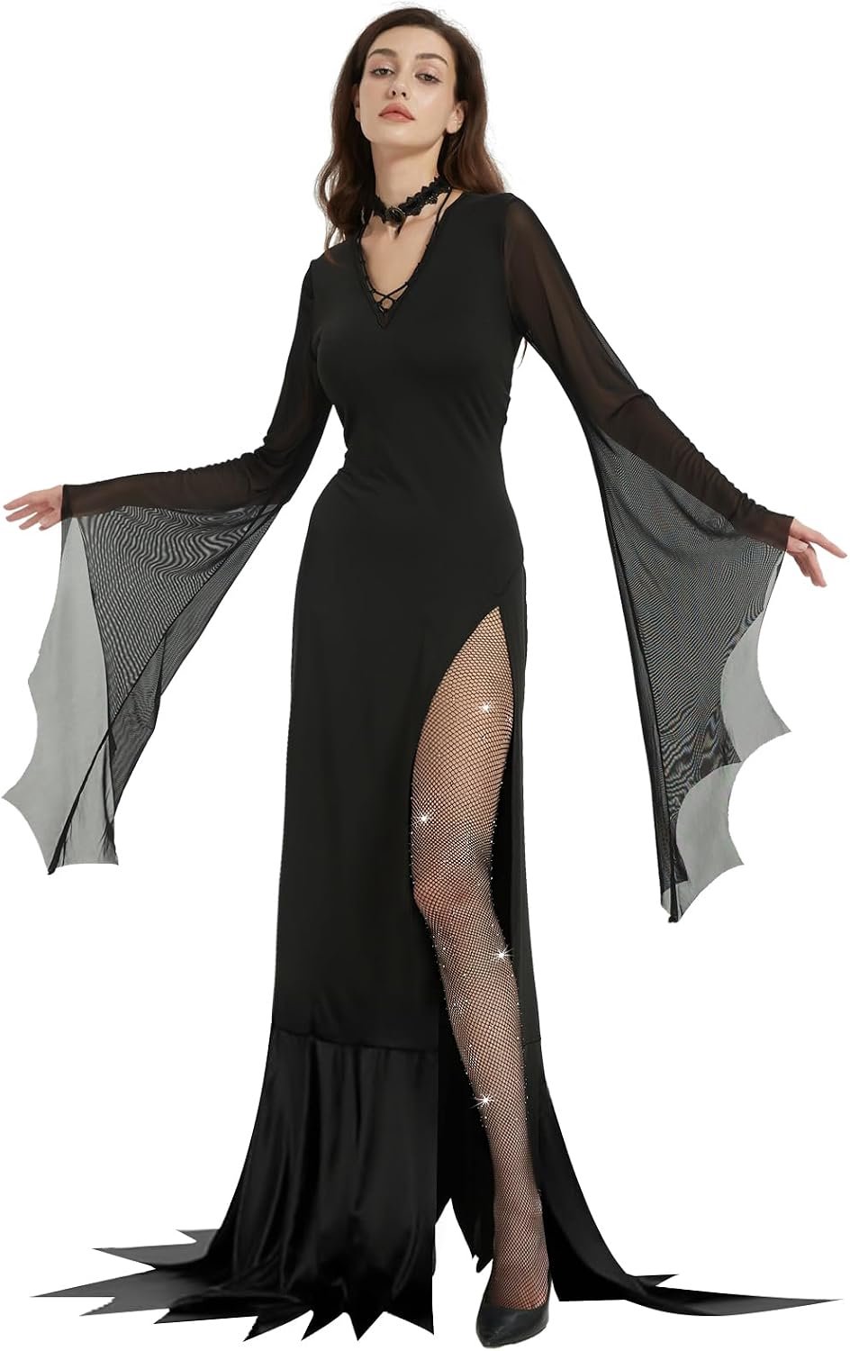 Ulikey Morticia Addams jurk, Halloween-kostuum voor dames, met witte diamantnetkousen met halsketting, tot op de vloer, zwart, hoog gesneden, Adams-gezinskostuum, cosplay, Halloween, carnaval, feest