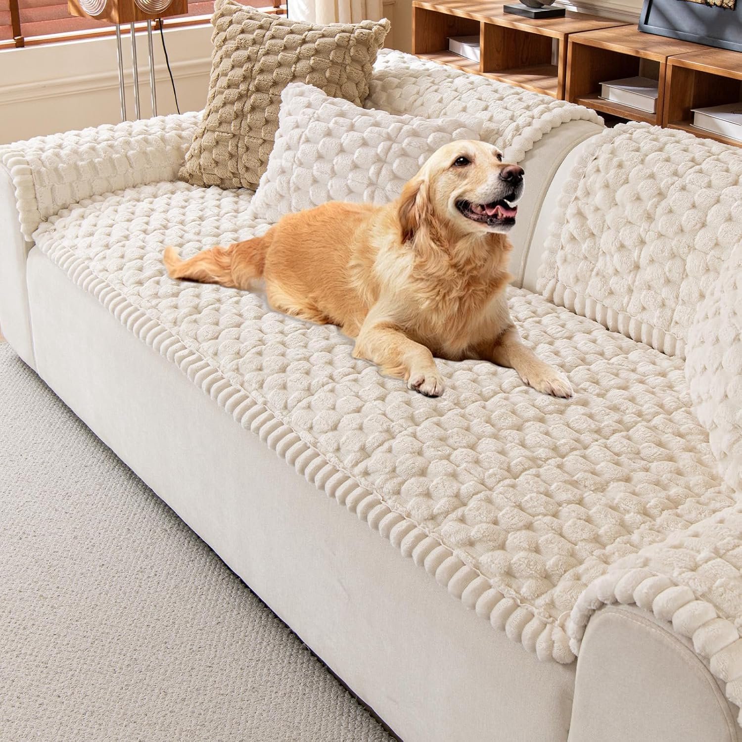 Progressieve sofaset, modern Scandinavisch, met decoratief kussen, gestreept design (beige, 90 cm x 180 cm)