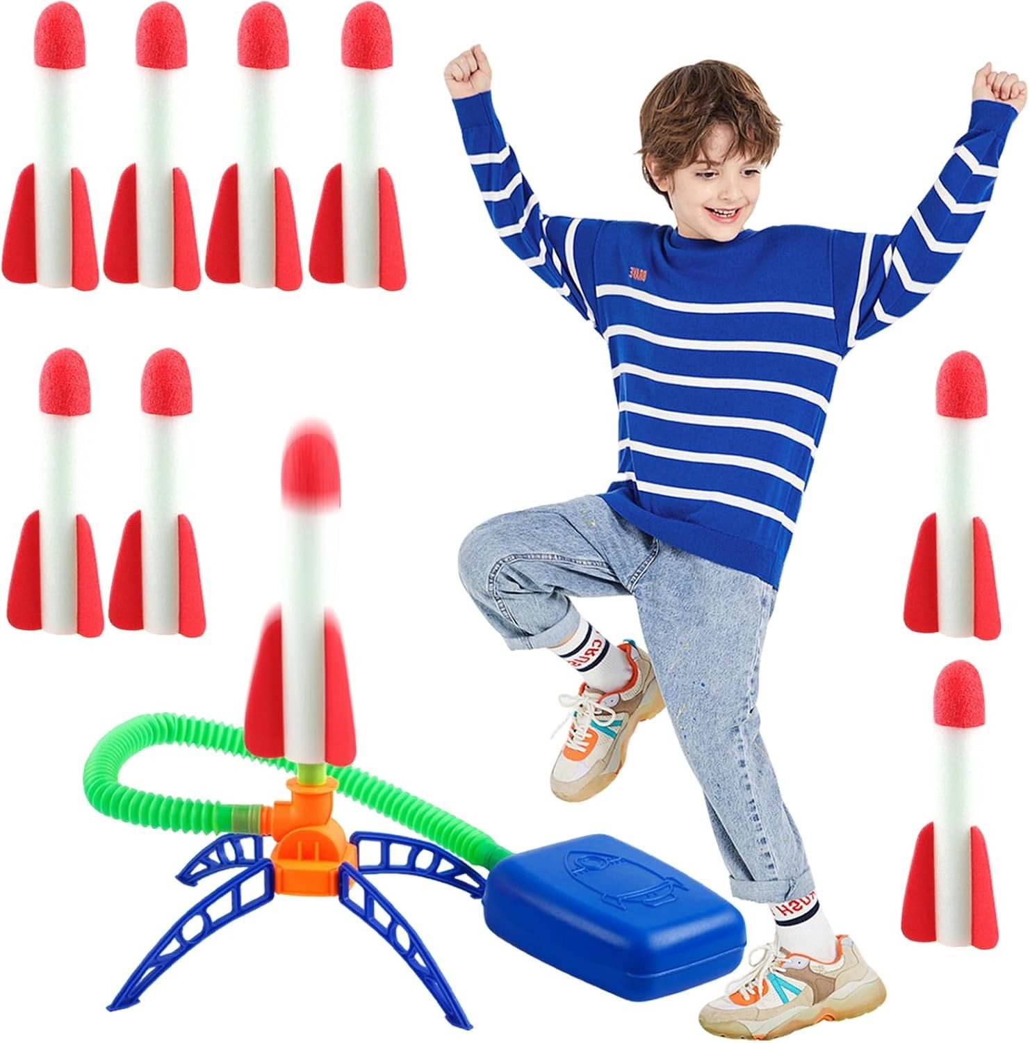 Buitenspeelgoed voor Kinderen met 8 Schuimraketten en 1 Lanceringhouder, Actief Spel voor 3-12 Jaar, Perfecte Verjaardagscadeau voor Jongens en Meisjes