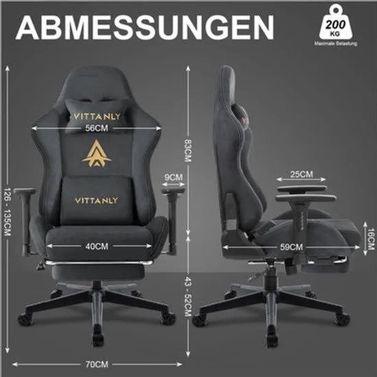 Gamingstoel – Gamestoel – Gaming Chair – Game Stoel – Bureaustoel – Natuurlijk Suède – Ergonomisch Met Voetensteun – Verstelbare Rugleuning 90°-155° — afbeelding 2