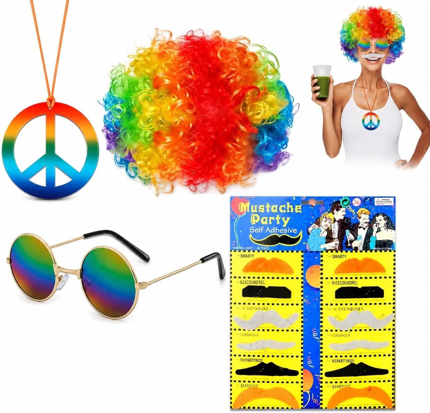 Hippie Kostuum Set voor 60s en 70s Themafeesten - Funky Afro Peruk, Zonnebril, Snor en Vredesteken Ketting, Perfect voor Disco en Retro Feestjes, Unisex Accessoire