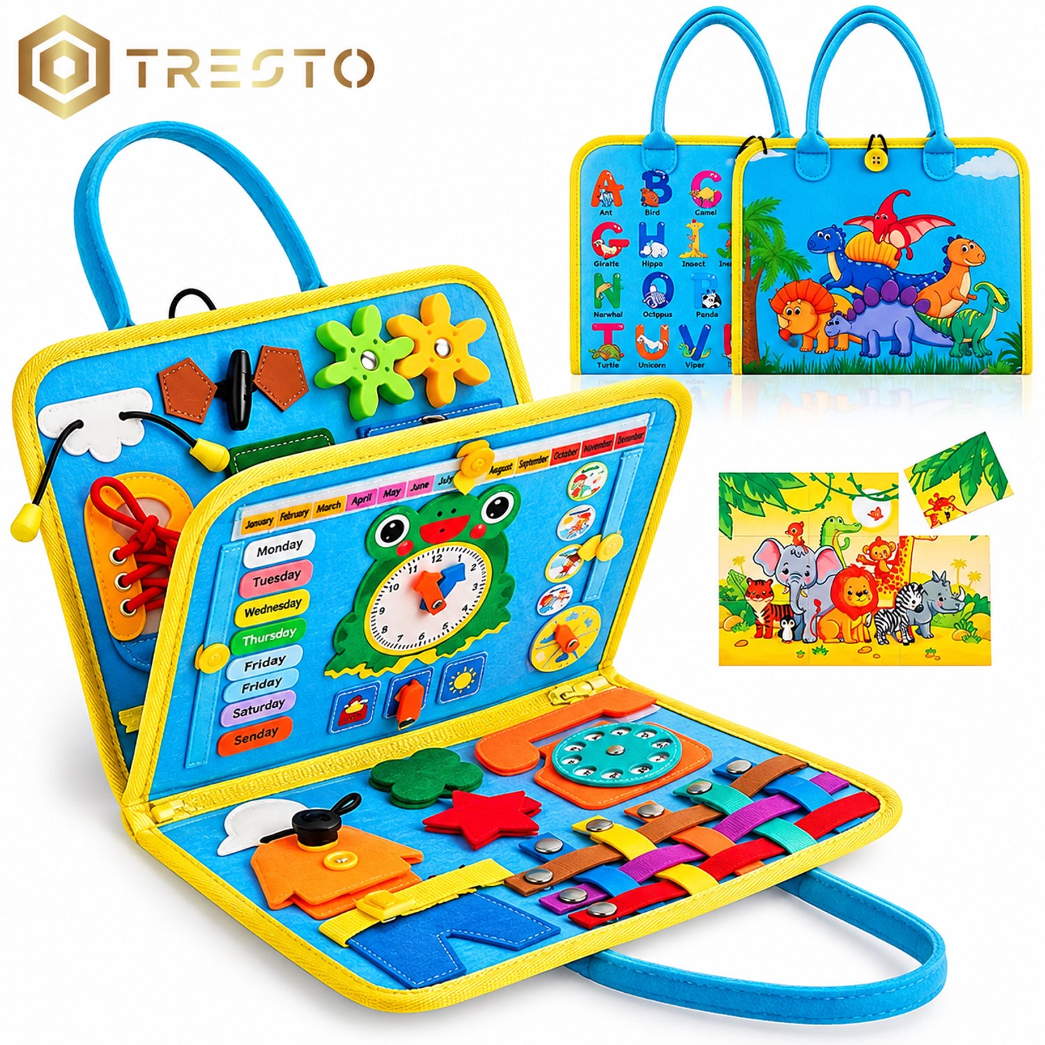 TRESTO - Busy Board – Montessori VN Activiteitenboek – Dinosaurus Blauw – Klokkijken, Veters Strikken & Motoriek - Engelse versie