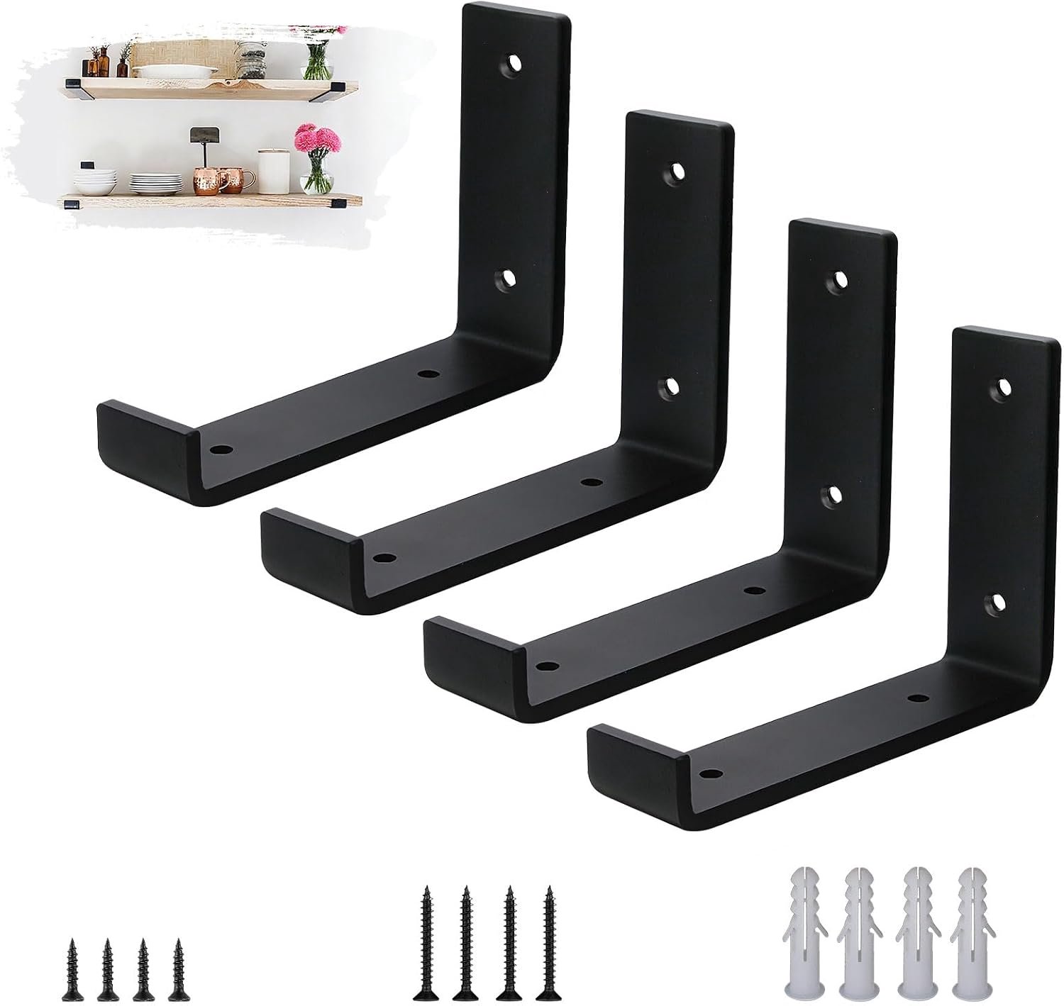 Plankdrager Plank Beugel 4-delig - Plank Houder van 5mm Dik Staal met Opstaande Randen, Zware Planksteun Industrieel Rustiek Zwart 15cm