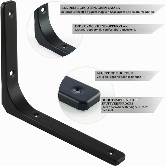 Stevige metalen plankdragers 90 graden - Set van 4 matte zwarte schapsteunen voor wandplanken en meubels — afbeelding 3