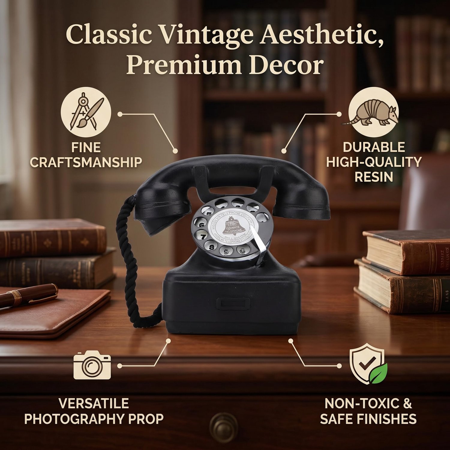 Vaste telefoon met draaiknop - vintage retro - kunststof decor voor thuis, kantoor, café - Vemera