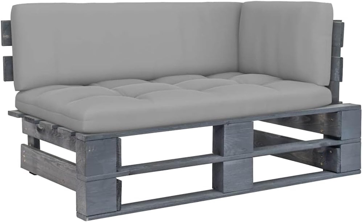 Pallethoekbank van geïmpregneerd grenenhout, modulaire tuinbank met kussen, grijs, voor terras en tuin