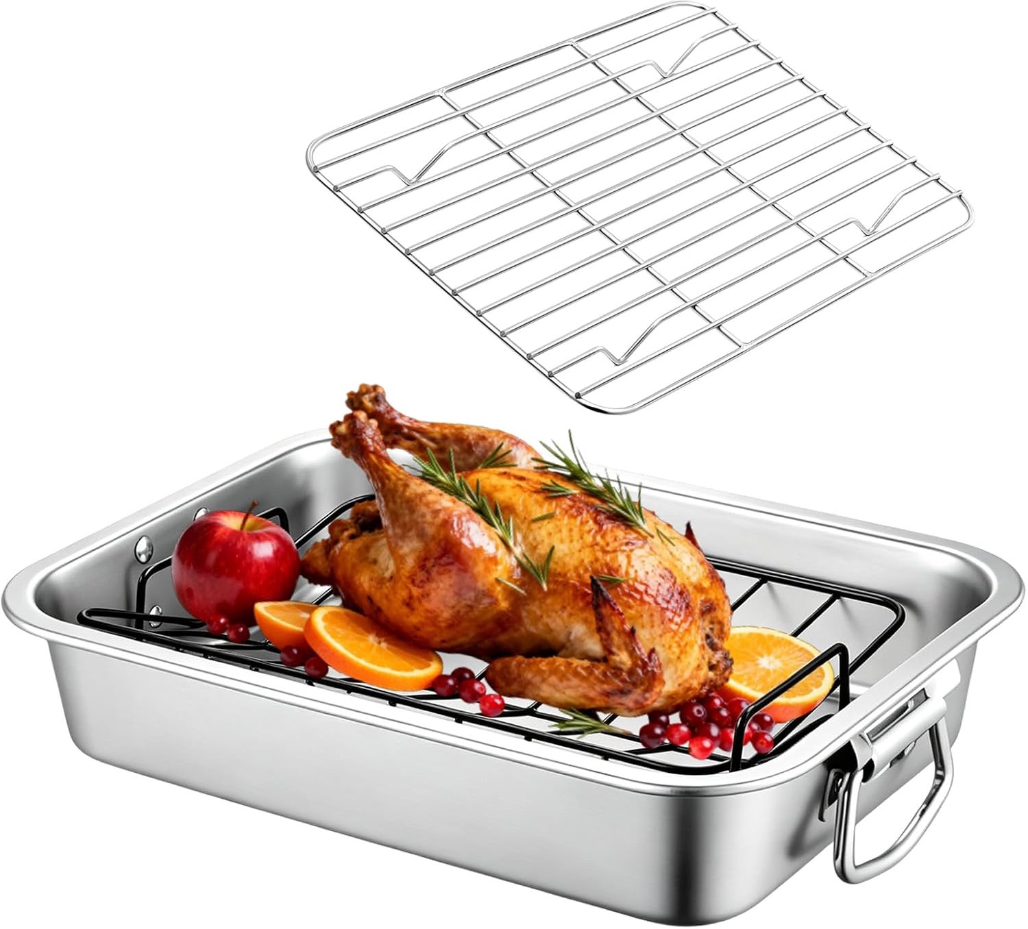 Braadpan met rooster, roestvrijstalen braadplaat met frame, 40 x 30 x 7 cm, super grote bakplaat, ovenschaal met koelrooster en V-vormig rooster, rechthoekige grillschaal met handgrepen voor kalkoenen