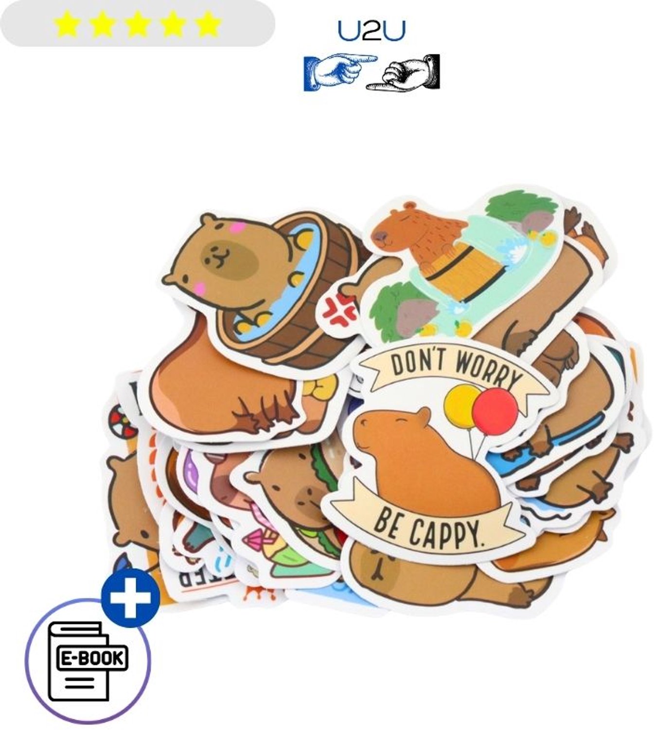 Capibara Stickers 50 Stuks – Elke Sticker Anders, Unieke Dierenstickers van Mat Kunststof, Gelamineerd en Zelfklevend, Decoratie voor Laptop, Notebook, Telefoon, Fiets en Drinkfles, Leuke Stickerset voor Capibara Fans voor Creatieve Hobby's Met Ebook