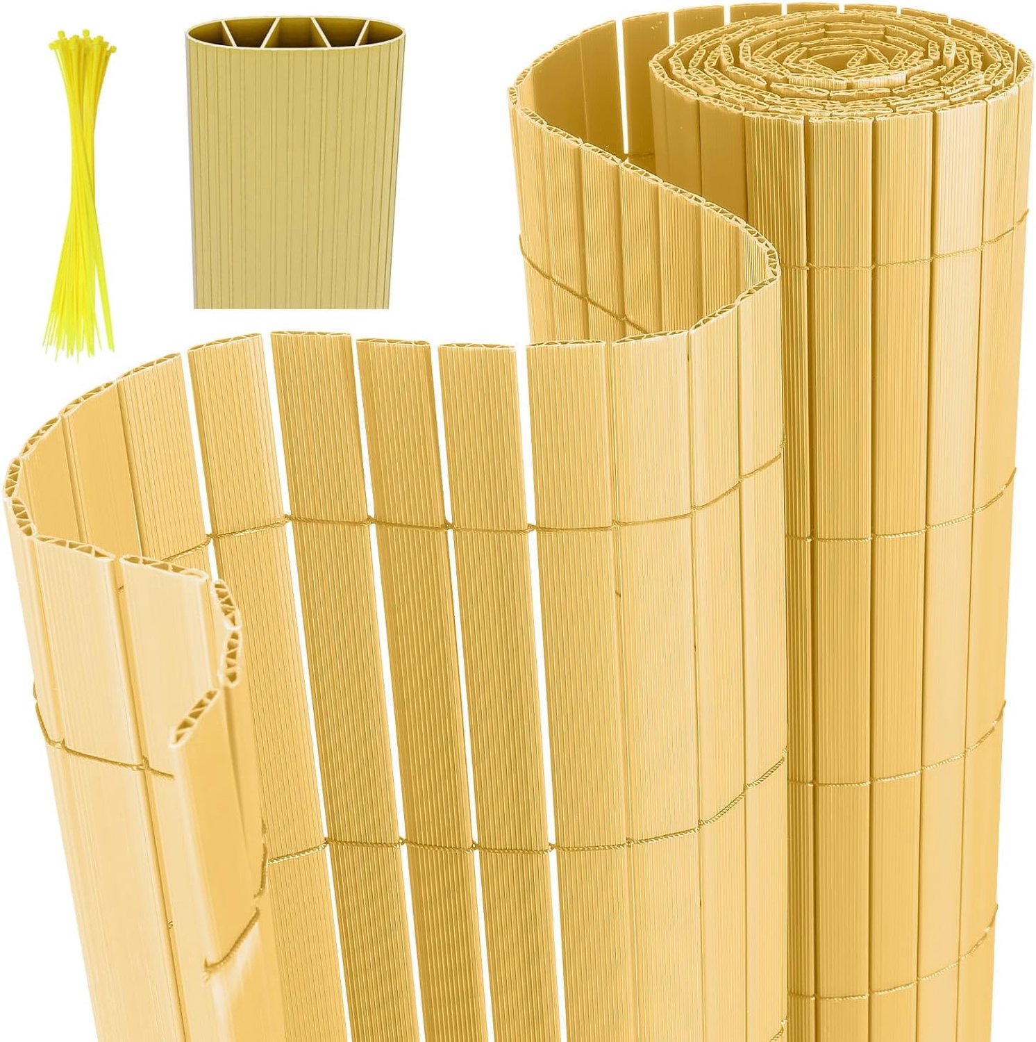 PVC Inkijkwerende mat, 90 x 1000 cm, bamboe inkijkbescherming met kabelbinders, inkijkwerende strips, balkonbekleding, 4 gewicht-versterking, ondoorzichtig, tuinhek, windscherm, uv-bestendig