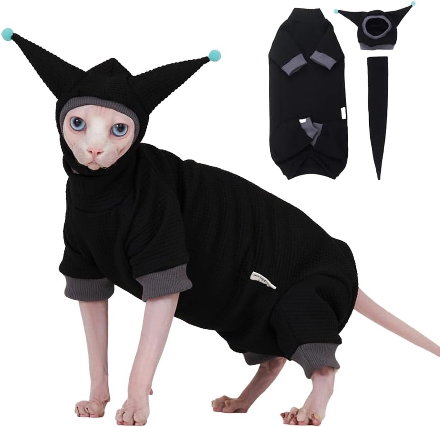 Sphynx Kattenkleding wafelpatroon pak, schattige pet en shirt set, haarloze kat Devon Cornish roze en zwart pak, (klein, zwart)