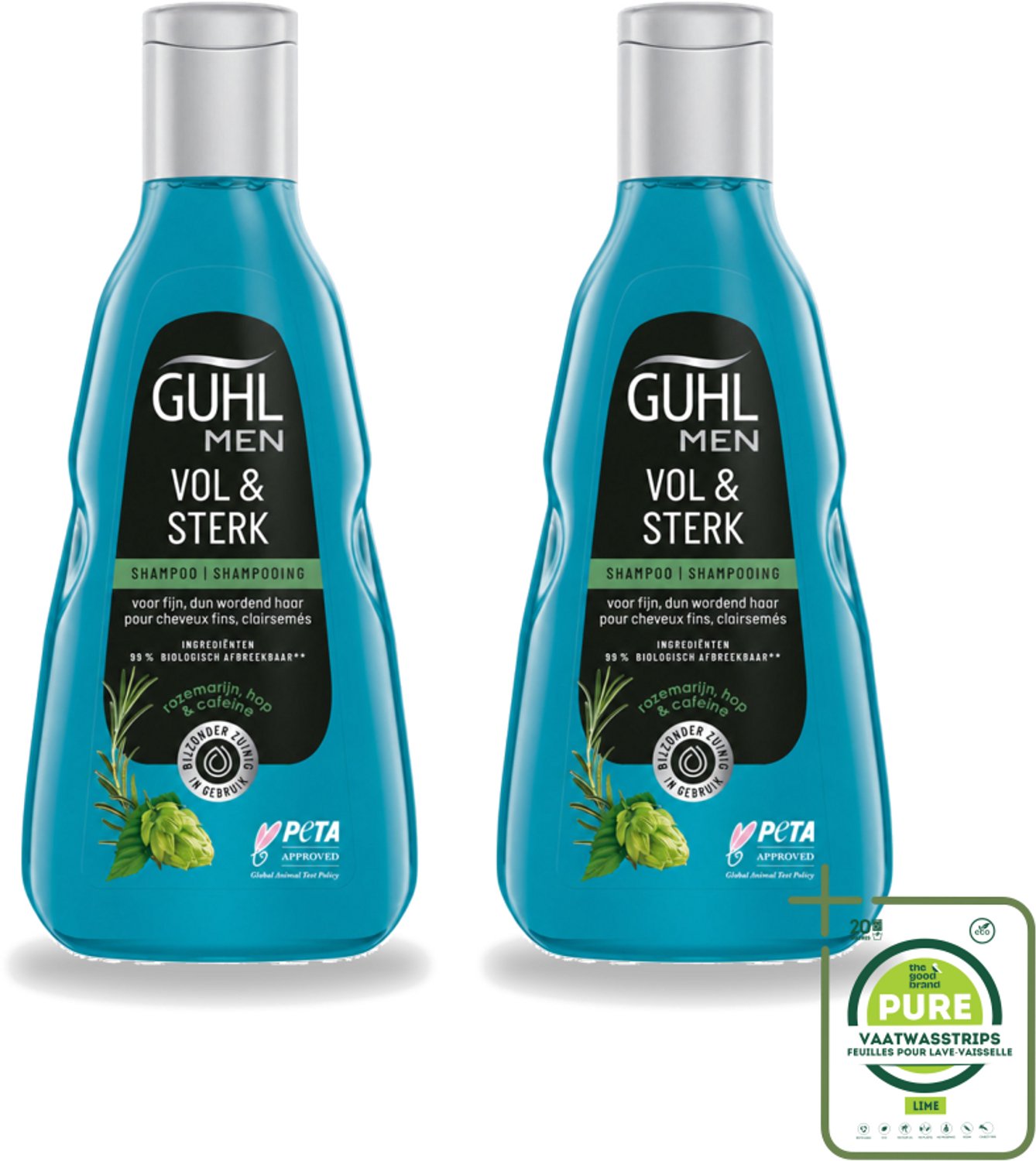 2 x Guhl - Shampoo - Men Vol & Sterk - 250 ml - Grootverpakking - Vaatwasstrips - Mannenhaar - Volume - Kracht - Vitaliteit - Cafeïne