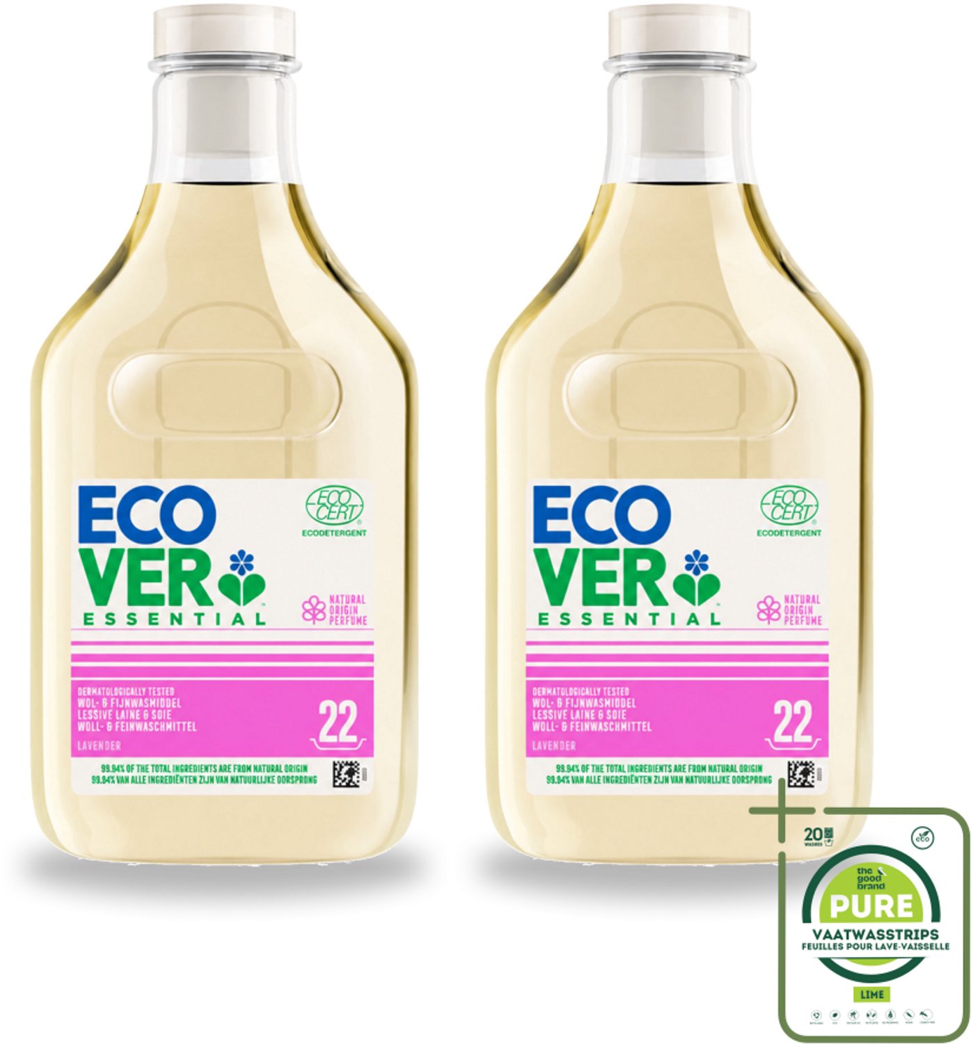 2 x Ecover - Vloeibaar wasmiddel Essential - Wol & Fijnwas - 1 liter - 22 wasbeurten - Grootverpakking - Vaatwasstrips - Wasmiddel Voor Wol - Wasmiddel Voor Zijde - Zachte Was - Natuurlijke Was - Milieuvriendelijke Was