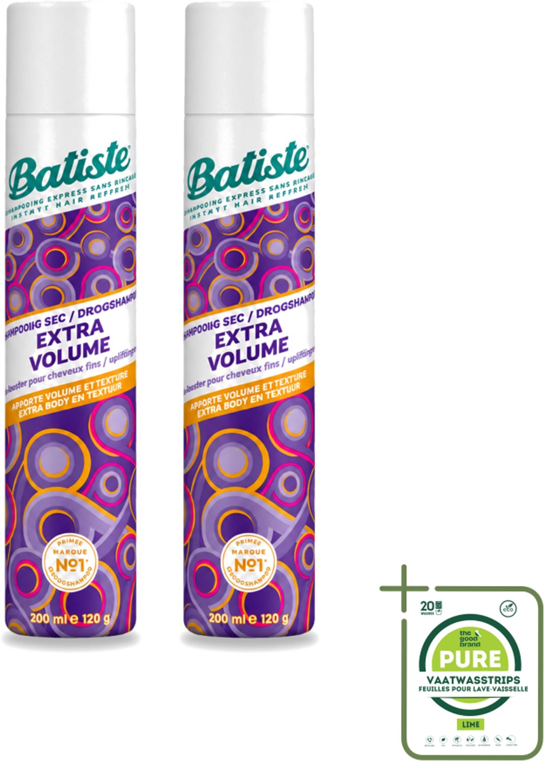 2 x Batiste - Extra Volume - Droogshampoo - Geeft Meer Volheid - Frist Vet Haar Op - 200ml - Grootverpakking - Vaatwasstrips - Extra Volume Haar - Droogshampoo - Haar Volume - Haar Lift - Fris Haar