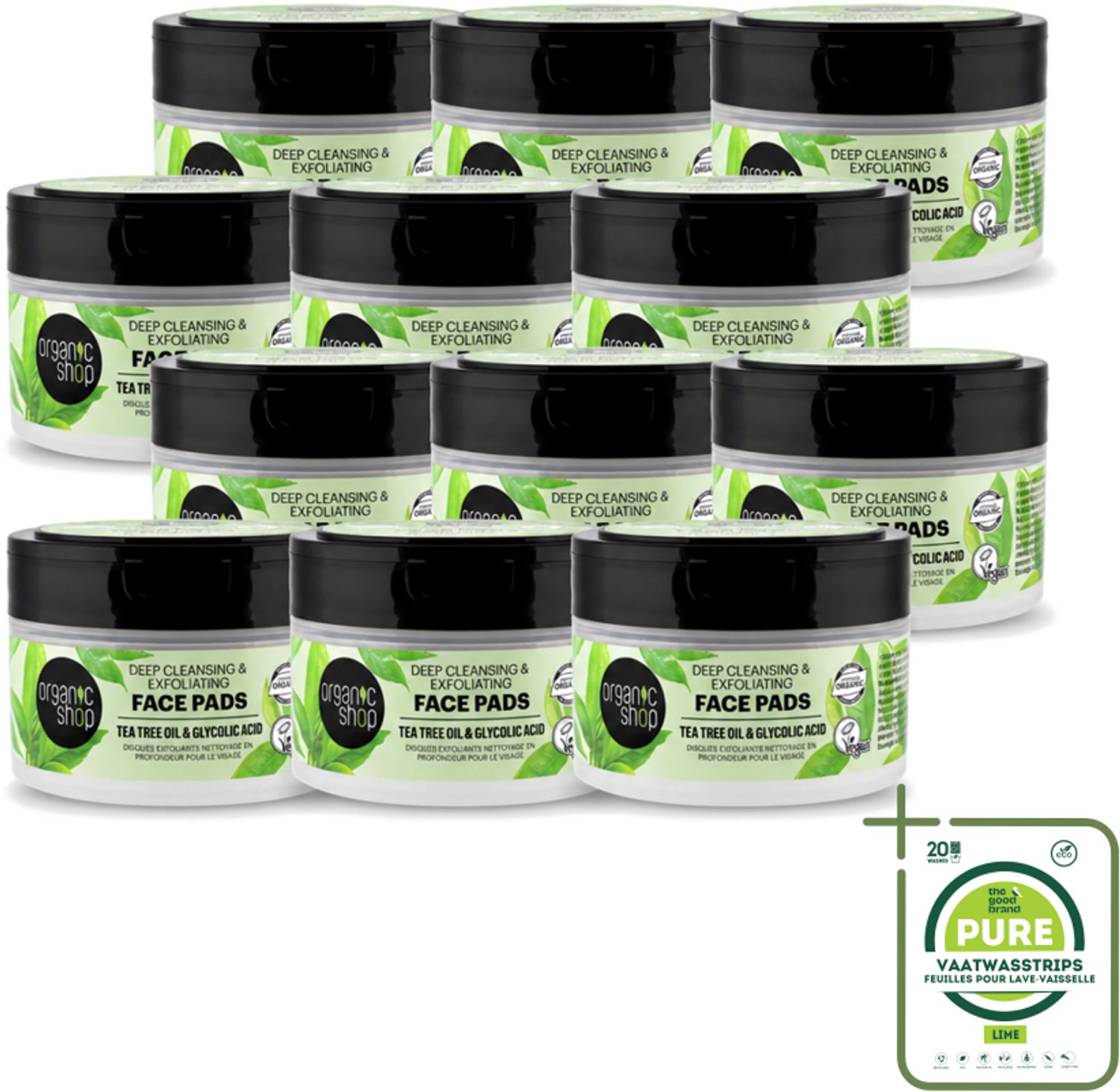 12 x Organic Shop - Face Pads Deep Cleansing - Verfrissend en Reinigen - 20 Pads - Grootverpakking - Vaatwasstrips - Gezichtsreiniging - Diepe Reiniging - Tea Tree Olie - Glycolzuur - Huidverzorging