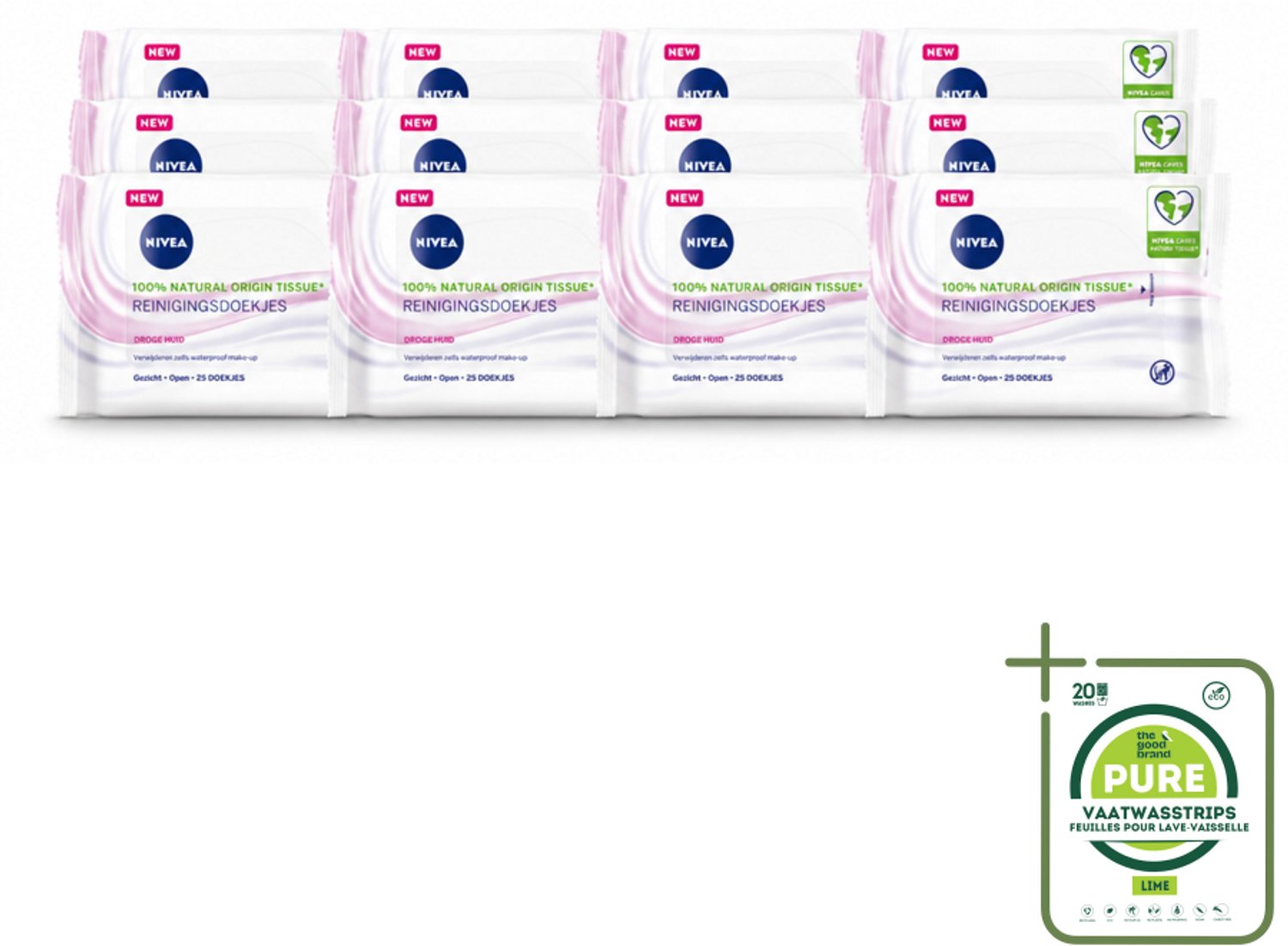 12 x NIVEA - Reinigingsdoekjes - Verzachtend - Droge Huid - Verwijdert Waterbestendige Make-up - 25 Doekjes - Grootverpakking - Vaatwasstrips - Reinigingsdoekjes - Gezicht Reinigen - Make-up Verwijderen - Droge Huid - Gevoelige Huid