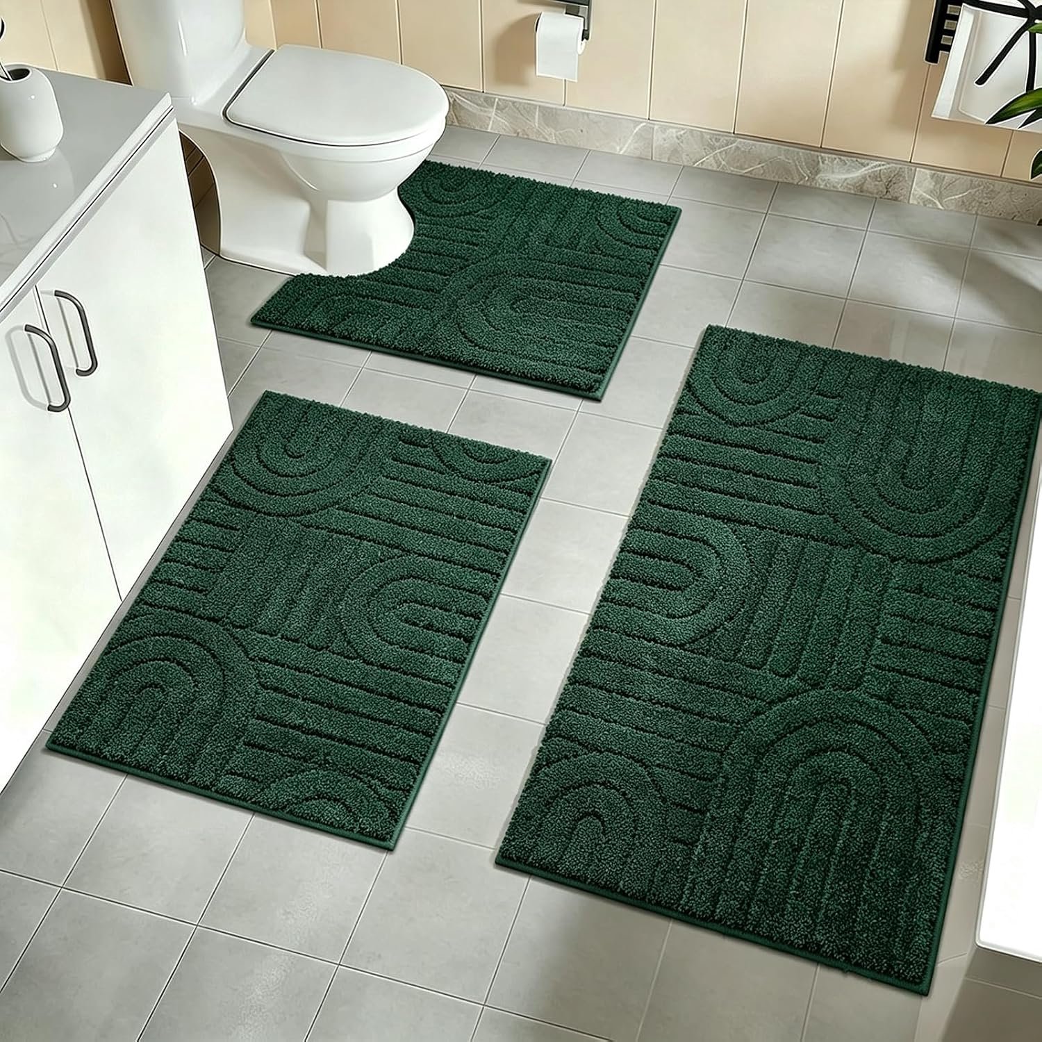 Homcomodar Badmatsets 3-delige zachte microvezel badkamermatsets waterabsorberende badmatten voor badkamer wasbare antislip bad- en toilettapijtenset voor douche vloer badkamers decor (donkergroen)