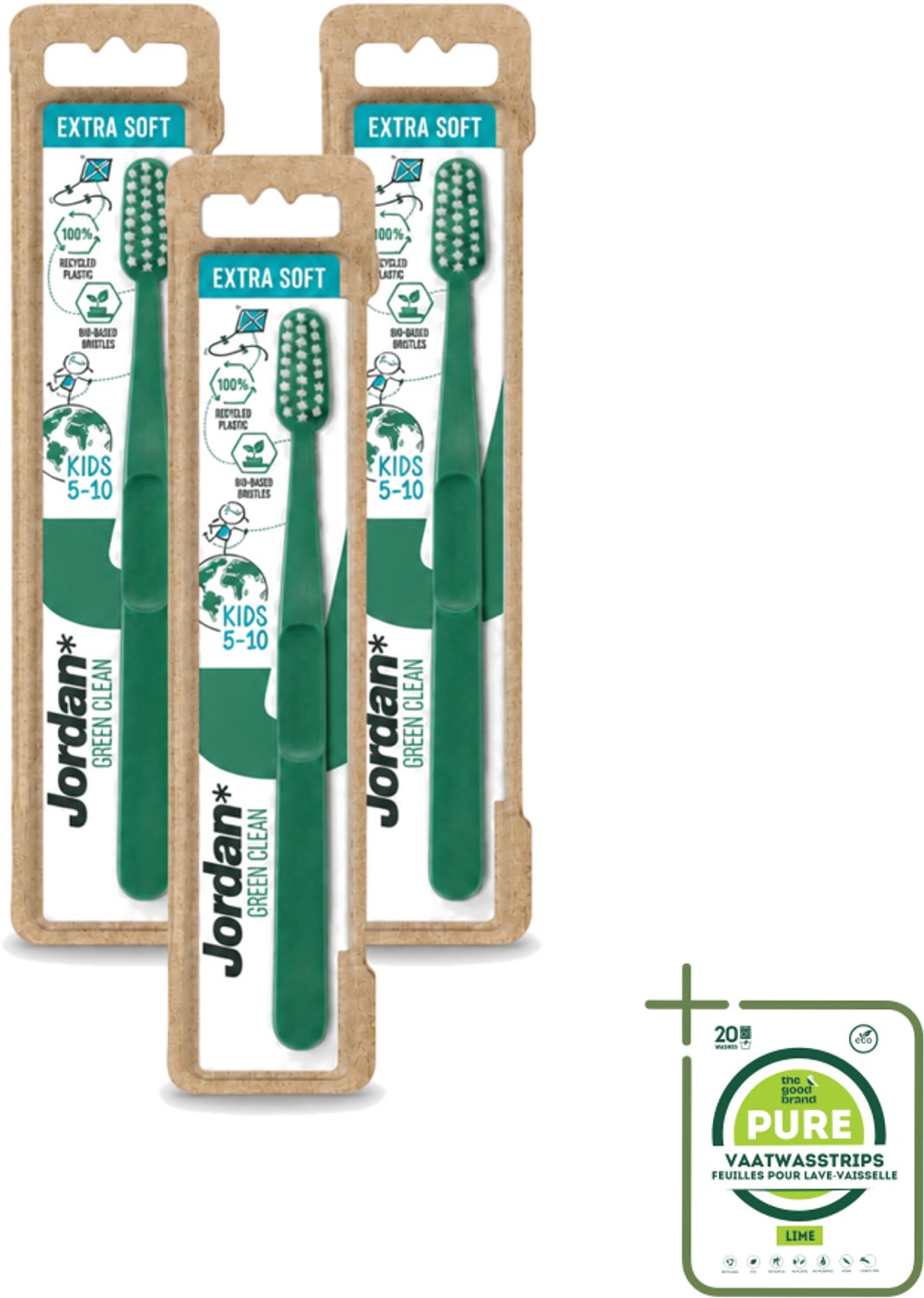 3 x Jordan - Tandenborstel - Green Clean - Extra Soft - 5 tot 10 Jaar - Grootverpakking - Kinderen Tandenborstel - Kindertandenborstel 5-10 Jaar - Duurzame Tandenborstel - Extra Zachte Borstel - Milieuvriendelijke Tandenborstel