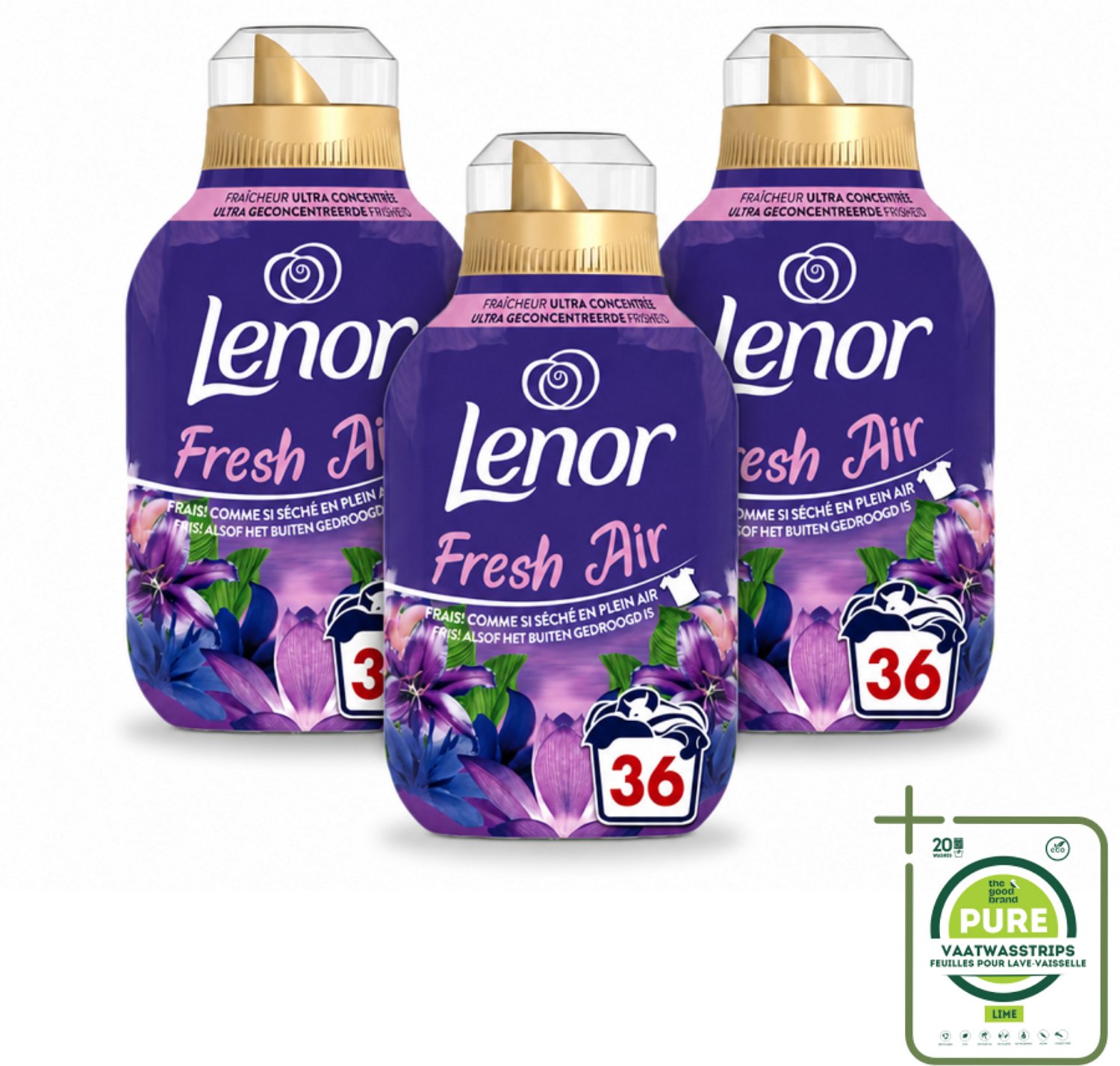 3 x Lenor - Wasverzachter - Fresh Air Maneschijn - Ultra Geconcentreerd - 36 Wasbeurten - Grootverpakking - Vaatwasstrips - Wasverzachter - Frisheid - Buiten Geur - Wasgoed - Kledingbescherming
