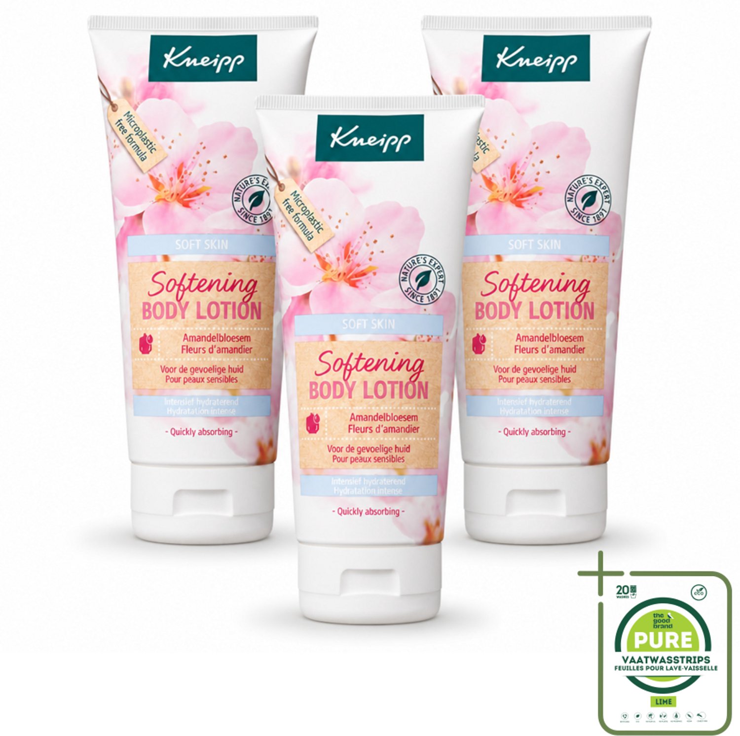 3 x Kneipp - Body lotion - Soft Skin - Amandelbloesem - 200 ml - Grootverpakking - Vaatwasstrips - Gevoelige Huid - Amandelolie - Hydraterende Lotion - Zachte Huid - Huidverzorging
