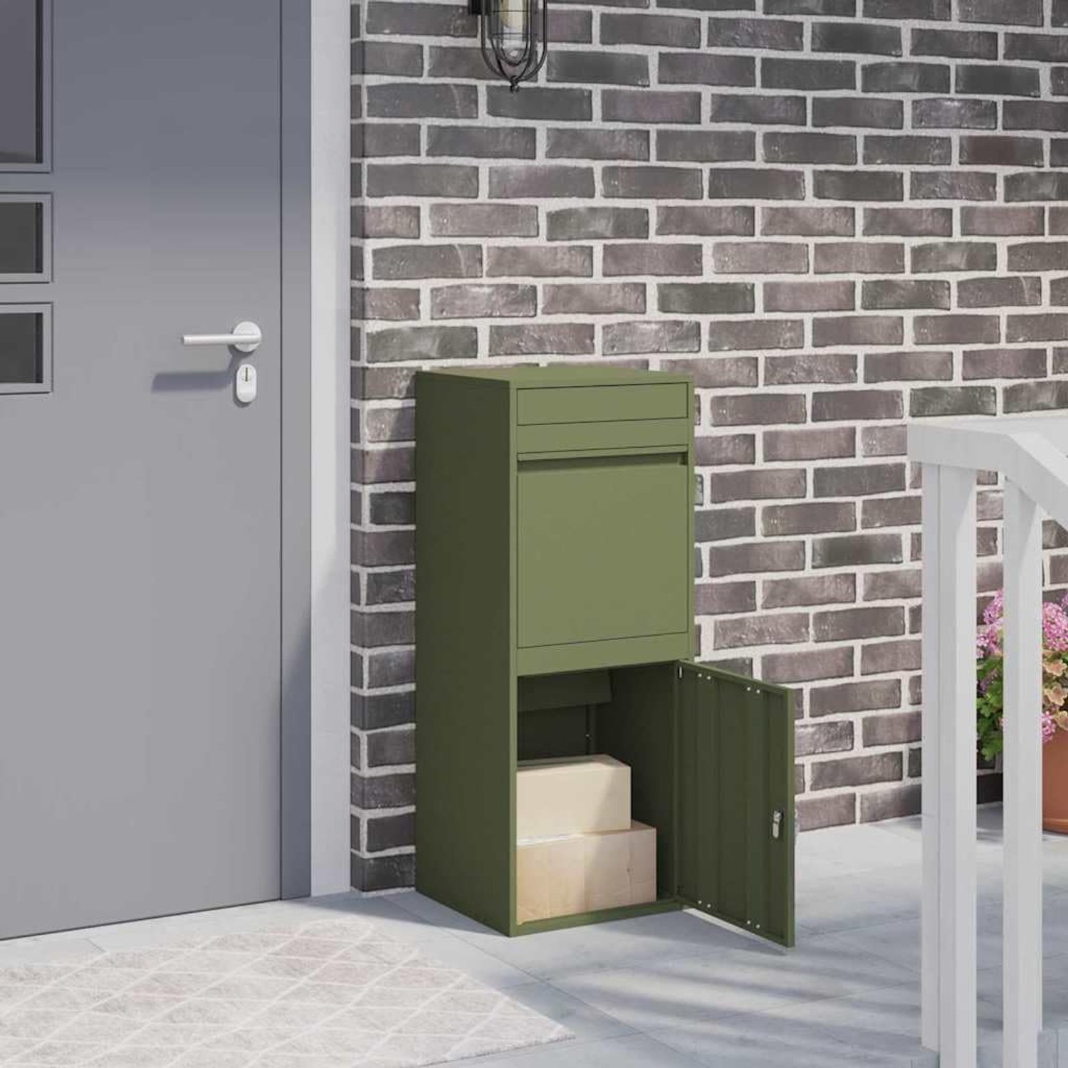Pakketbox voor buiten, pakketbrievenbus van staal, afsluitbare pakketdropbox, 41 x 38 x 103 cm, olijfgroen, weerbestendig voor huis en tuin