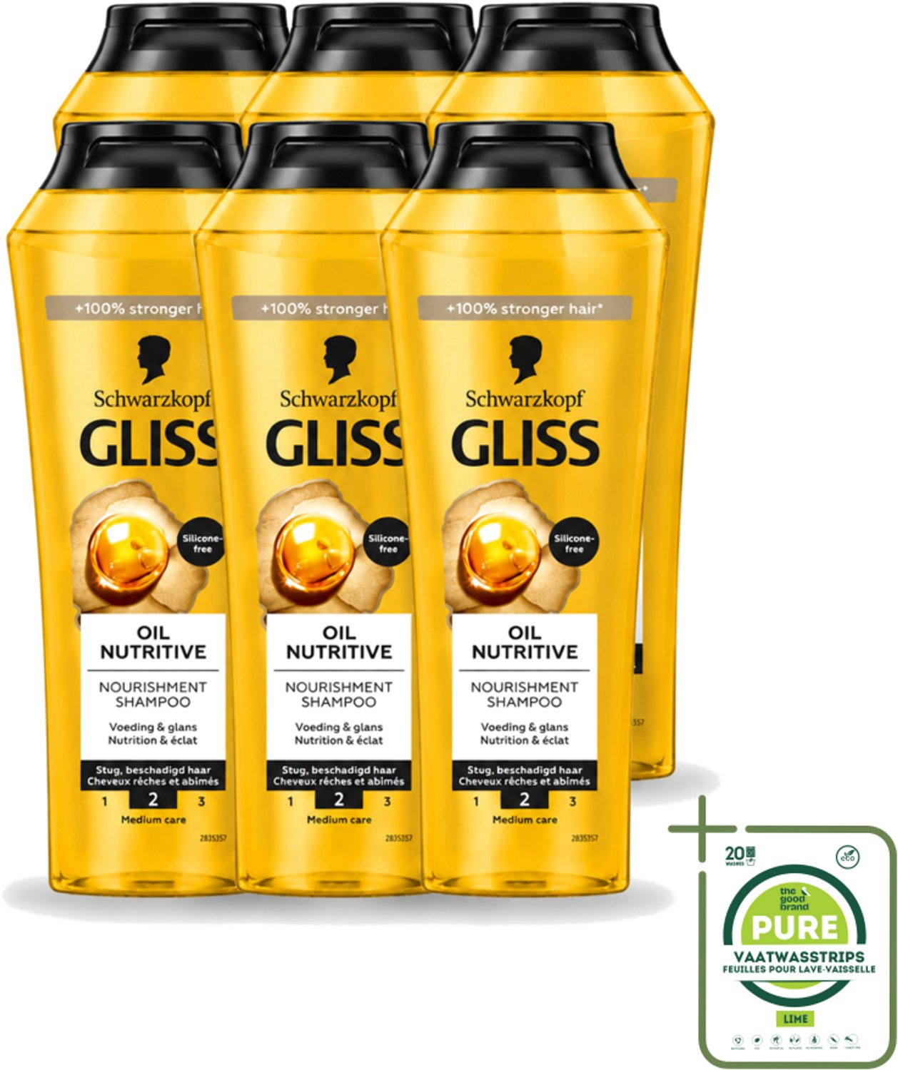 6 x Gliss - Shampoo - Oil Nutritive - Voor Voedend en Zijdezacht Haar - 250 ml - Grootverpakking - Vaatwasstrips - Voedend Haarverzorging - Lang Haar - Droog Haar - Gespleten Haarpunten - Haar Verzorging