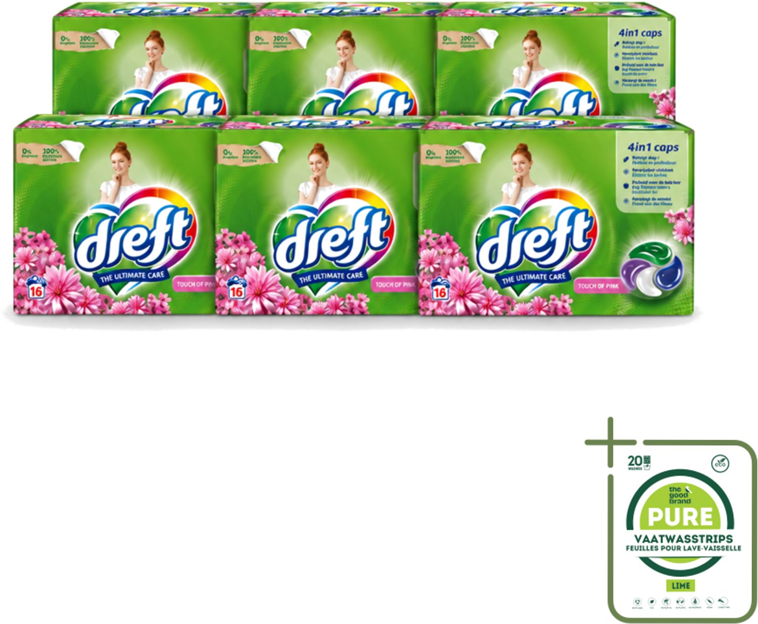 6 x Dreft - Wasmiddelcapsules - Touch of Pink - Geurige verzorging - 16 Wasbeurten - Grootverpakking - Vaatwasstrips - Wasmiddel - Wasmiddelcapsule - Plasticvrije Verpakking - Milieuvriendelijk - Kleurenbehoud
