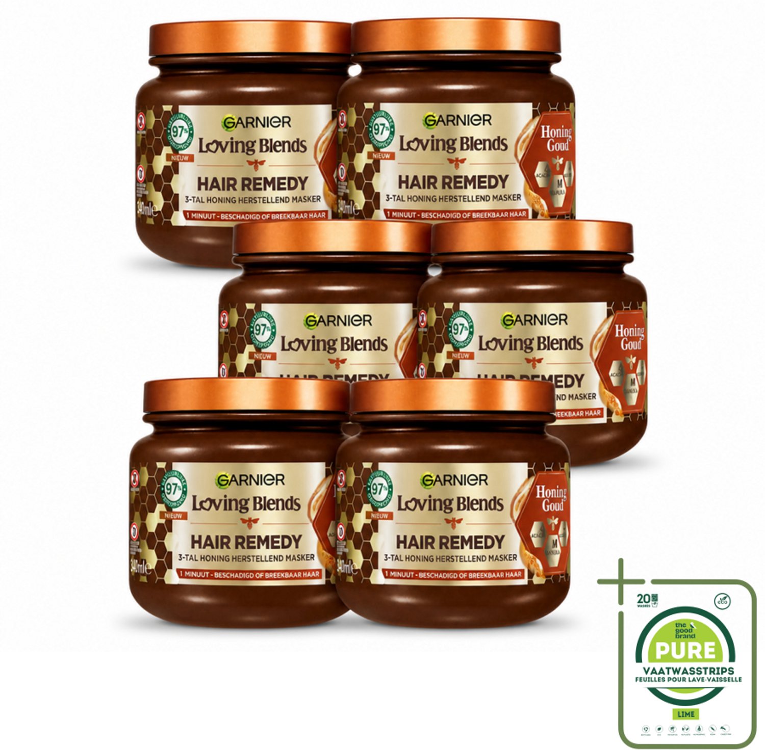 6 x Garnier - Loving Blends Honing Goud - Hair Remedy Haarmasker - Beschadigd & Breekbaar Haar - 340 ml - Grootverpakking - Vaatwasstrips - Haarmasker - Haarherstel - Haarscheuren - Haarbreuk - Gespleten Punten
