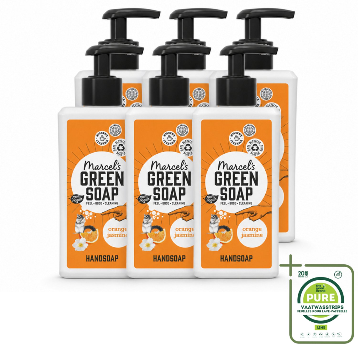 6 x Marcel's Green Soap - Handzeep - Sinaasappel & Jasmijn - Zachte verzorging - 250 ml - Grootverpakking - Vaatwasstrips - Handzeep Sinaasappel Jasmijn - Natuurlijke Handzeep - Biologische Handzeep - Plantaardige Handzeep - Glycerine Handzeep