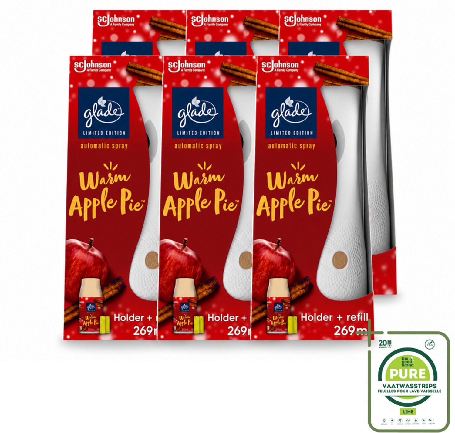 6 x Glade - Houder Automatische Spray - Warme Appeltaart Limited Edition - 269 ml - Grootverpakking - Vaatwasstrips - Warm Apple Pie Geur - Automatische Geur - Geur In Huis - Gezelligheid In Huis - Herfstgeur