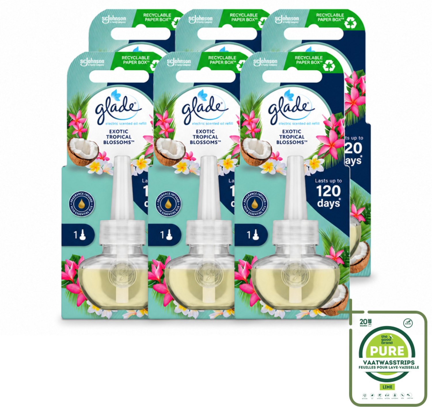 6 x Glade - Navulling Elektrische Olie - Exotic Tropical Blossoms - Zonder Houder - Grootverpakking - Vaatwasstrips - Tropische Geur - Monoi Olie - Exotische Bloemen - Kokosmelk - Geurhoudend