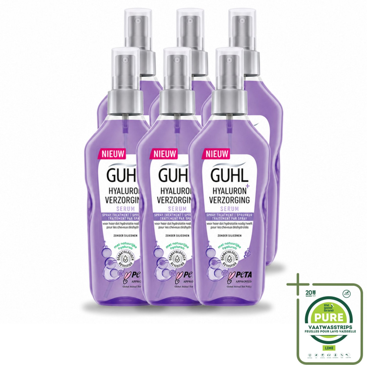 6 x Guhl - Spray - Hyaluron Verzorging - 150 ml - Grootverpakking - Vaatwasstrips - Haarhydratatie - Hyaluronzuur - Hittebescherming - Haarverzorging - Verzorgingsspray
