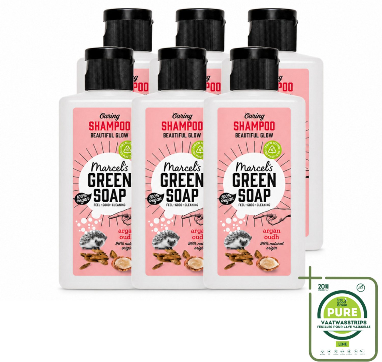 6 x Marcel's Green Soap - Shampoo - Caring Argan & Oudh - Milde verzorging - 100 ml - Grootverpakking - Vaatwasstrips - Zachte Shampoo - Natuurlijke Verzorging - Argan En Oudh - Biologisch Afbreekbaar - Vegan Shampoo