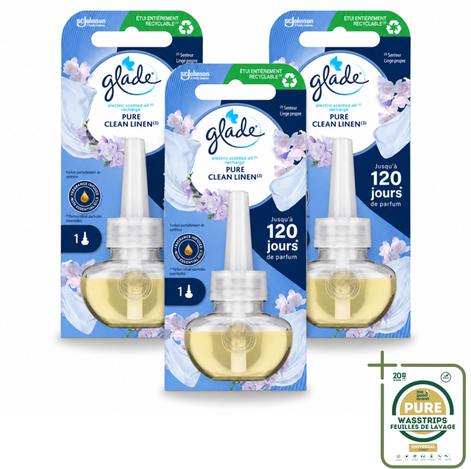 3 x Glade - Navulling Elektrische Olie - Pure Clean Linen - Zonder Houder - Wasstrips - Luchtverfrisser - Geur - Fris - Essentiële Oliën - Geurafgifte