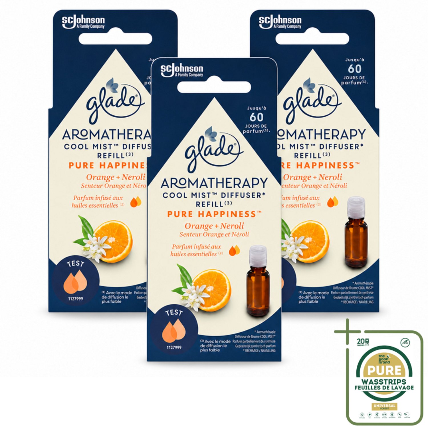 3 x Glade - Mistnavulling Pure Happiness - Aromatherapie - 17,4 ml - Wasstrips - Aromatherapie - Geurverspreiding - Luchtverfrisser - Geur - Geurboost