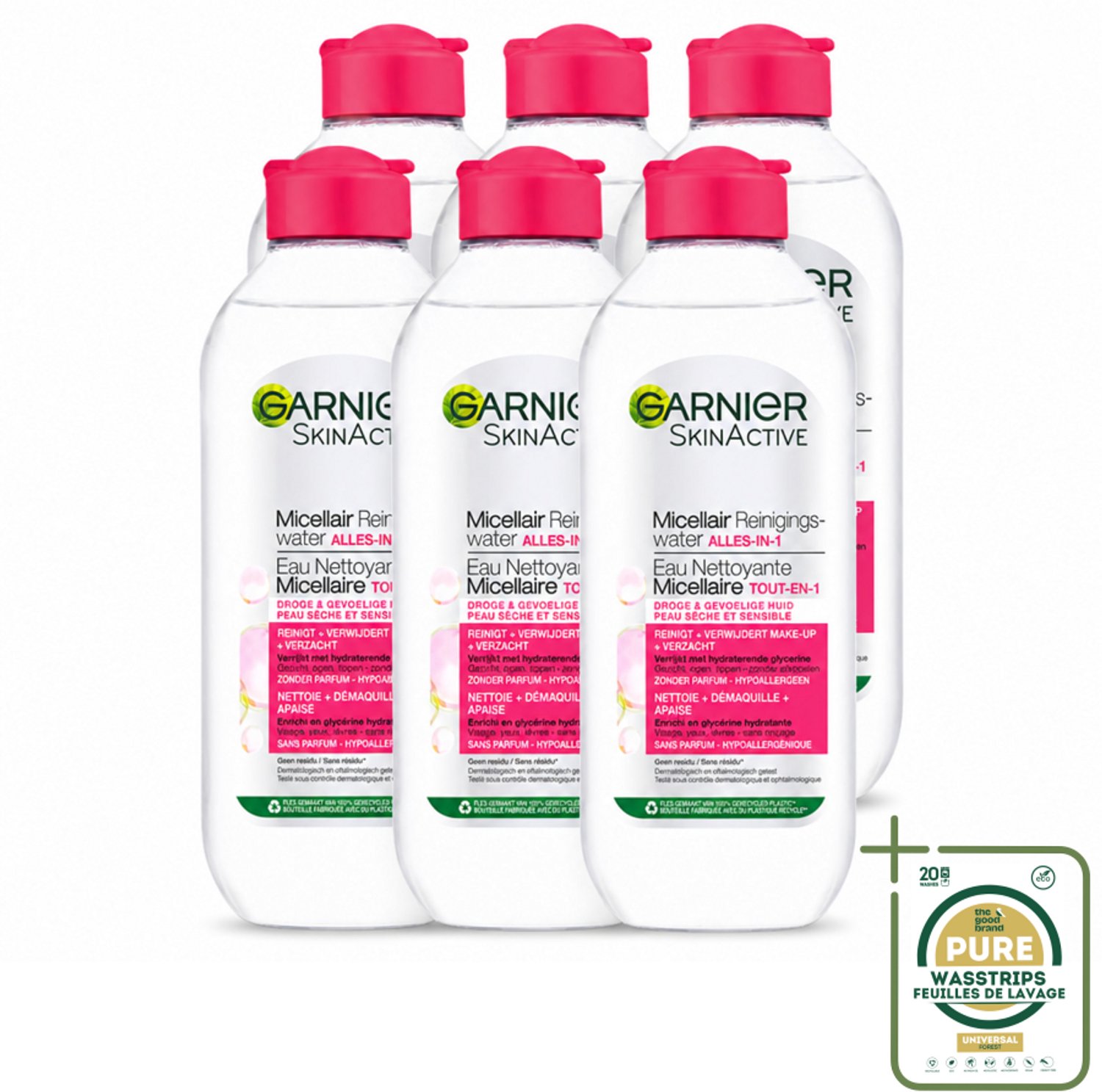 6 x Garnier - SkinActive - Micellair Reinigingswater - Droge & Gevoelige Huid - Hydraterend & Reinigend - 400 ml - Wasstrips - Micellair Reinigingswater - Droge Huid - Gevoelige Huid - Make-up Verwijderen - Gezicht Reinigen