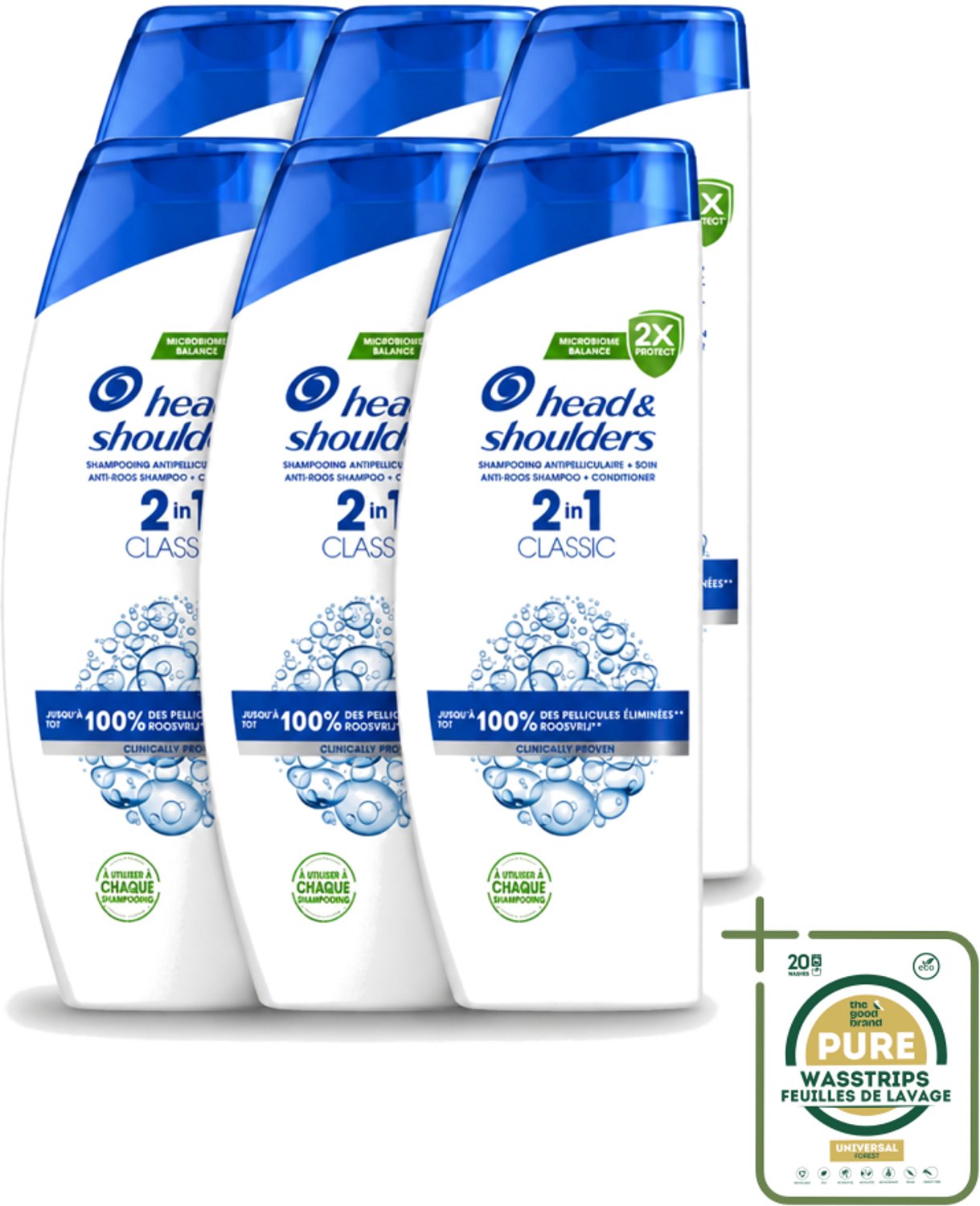 6 x Head & Shoulders - Shampoo - 2-in-1 - Classic - 100% Roosvrij - 400 ml - Wasstrips - Anti-roos Shampoo - Roosvrij Haar - Hoofdoorzaak Roos - Droogheid En Jeuk - 2-in-1 Shampoo En Conditioner