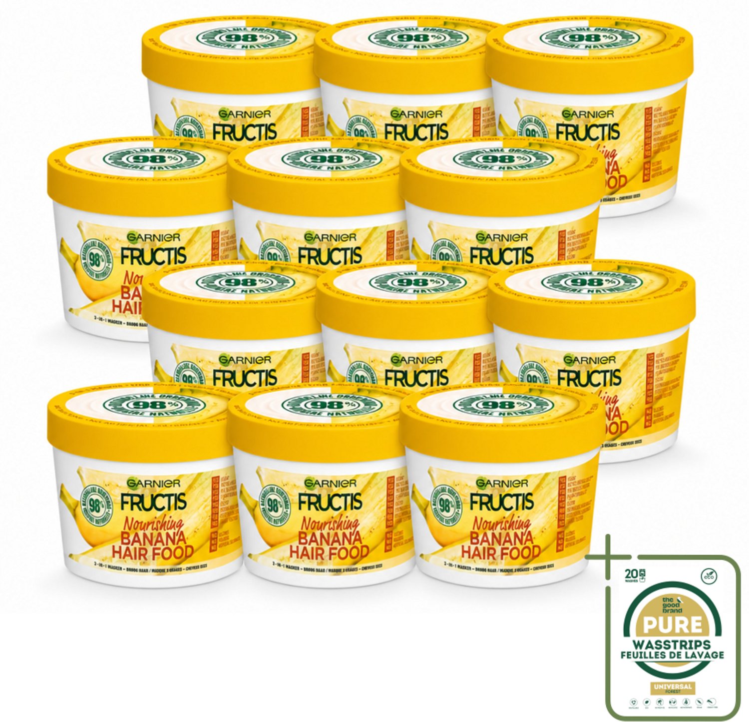 12 x Garnier - Fructis Hair Food Banana - 3-in-1 Haarmasker - Voedend - Droog Haar - 400 ml - Wasstrips - Haarmasker - Kokosmelk - Macadamia - Droog Haar - Haarvoeding