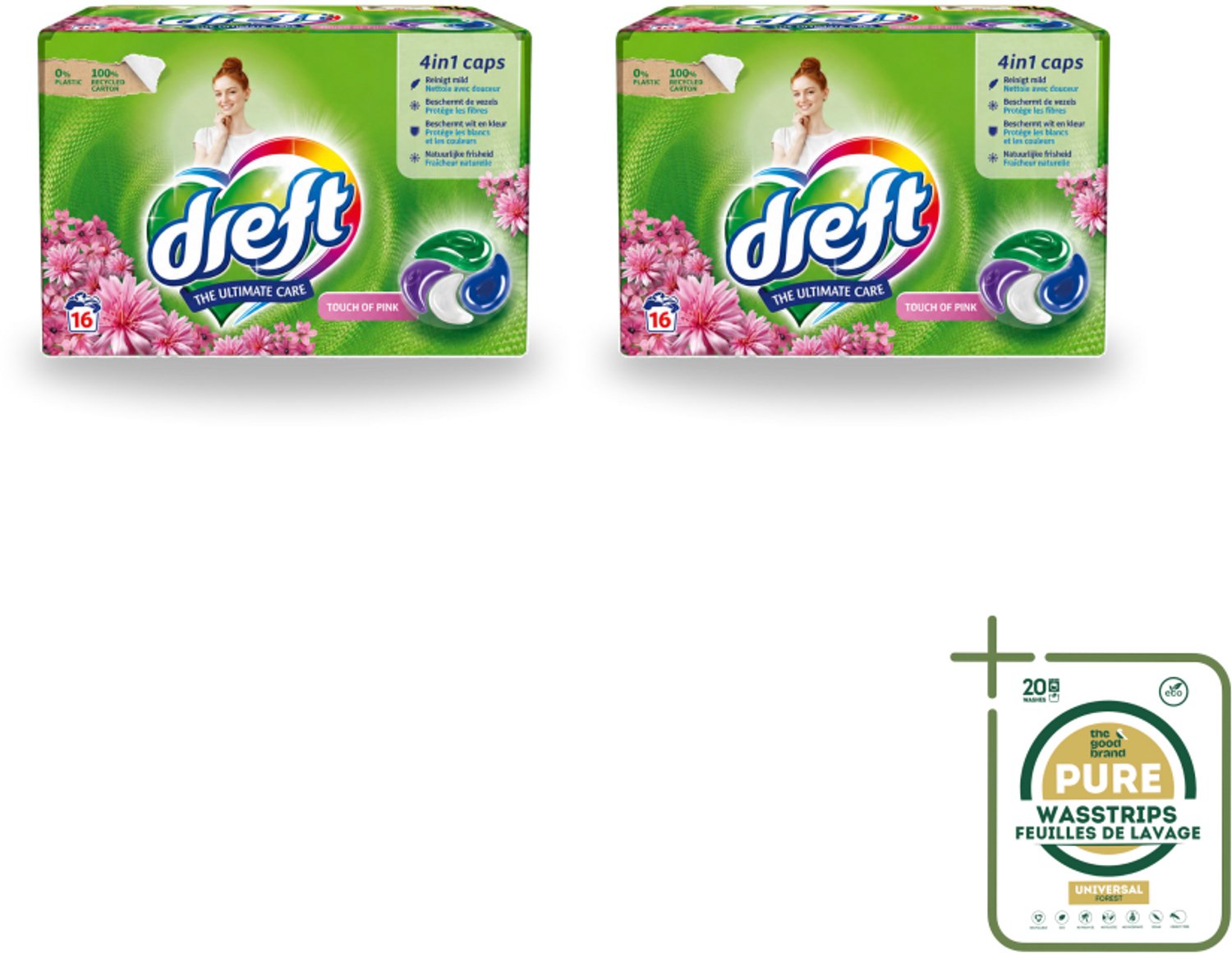 2 x Dreft - Wasmiddelcapsules - Touch of Pink - Geurige verzorging - 16 Wasbeurten - Wasstrips - Wasmiddelcapsules - Plasticvrije Wasmiddel - Duurzame Wasmiddel - Geurige Wasmiddel - Kleurbehoudende Wasmiddel