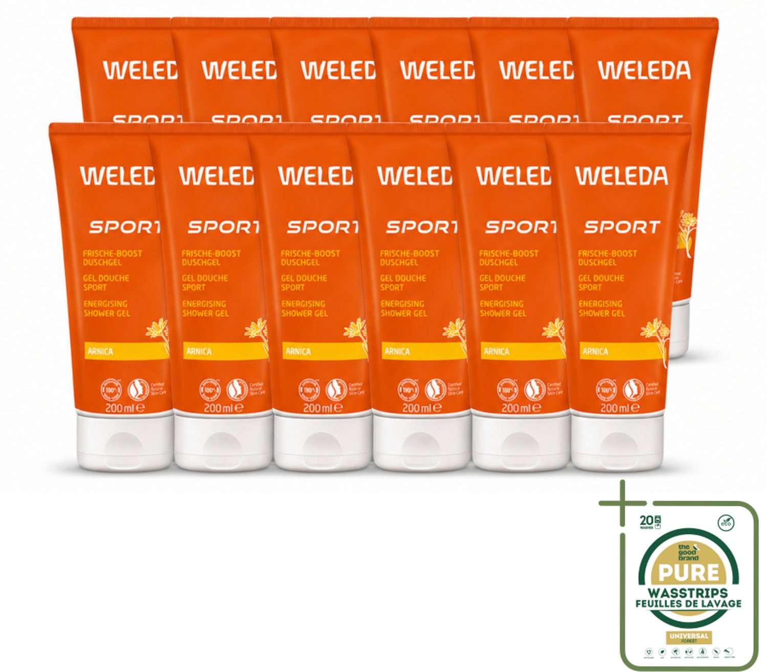 12 x WELEDA - Douchegel Sport - Arnica - 200 ml - Wasstrips - Douchegel Sport - Herstel Na Sporten - Arnica Douchegel - Natuurlijke Douchegel - Verfrissende Douchegel