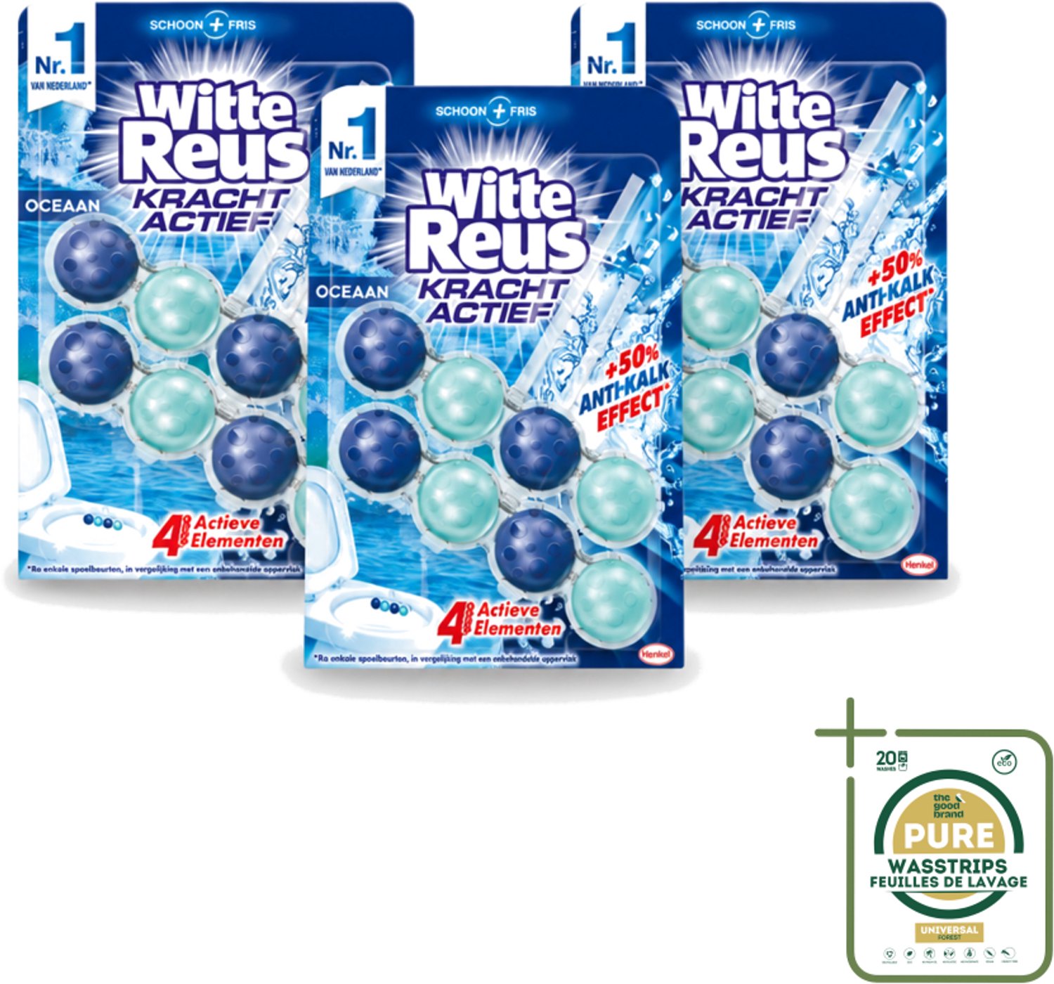 3 x Witte Reus - Kracht Actief WC Blok - Oceaan Boost - 2 Toiletblokken - Wasstrips - Toilet Blok - Oceaan Geur - Frisse Geur - Reinigend Blok - Hygiëne Toilet