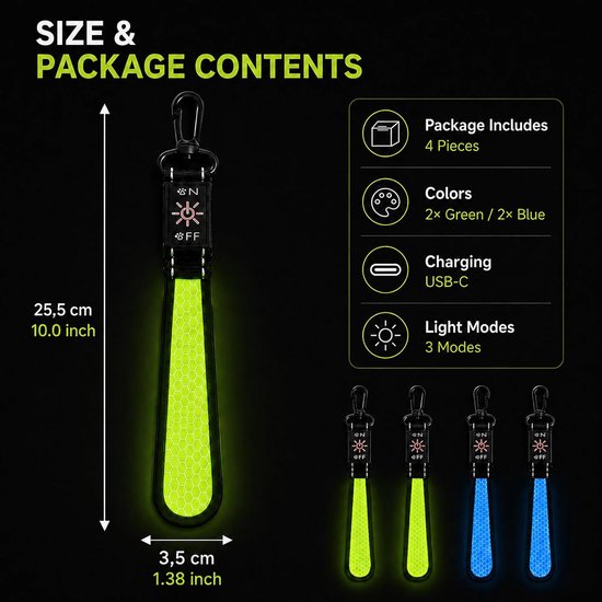 4 stuks LED knipperlicht schooltas: 3 modi USB oplaadbaar reflecterende hanger, veiligheidslicht reflectoren schooltas, waterdichte reflector hanger voor rugzak, wandelen, groen, blauw — afbeelding 4