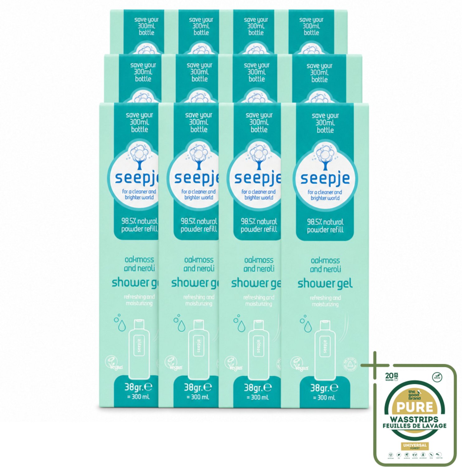 12 x Seepje - Douchegel - Duurzaam & Handig - Eikenmos en Neroli - Navulling - 38 gr - Wasstrips - Douchegel Navulling - Duurzaam Douchegel - Eikenmos Douchegel - Neroli Douchegel - Natuurlijke Douchegel