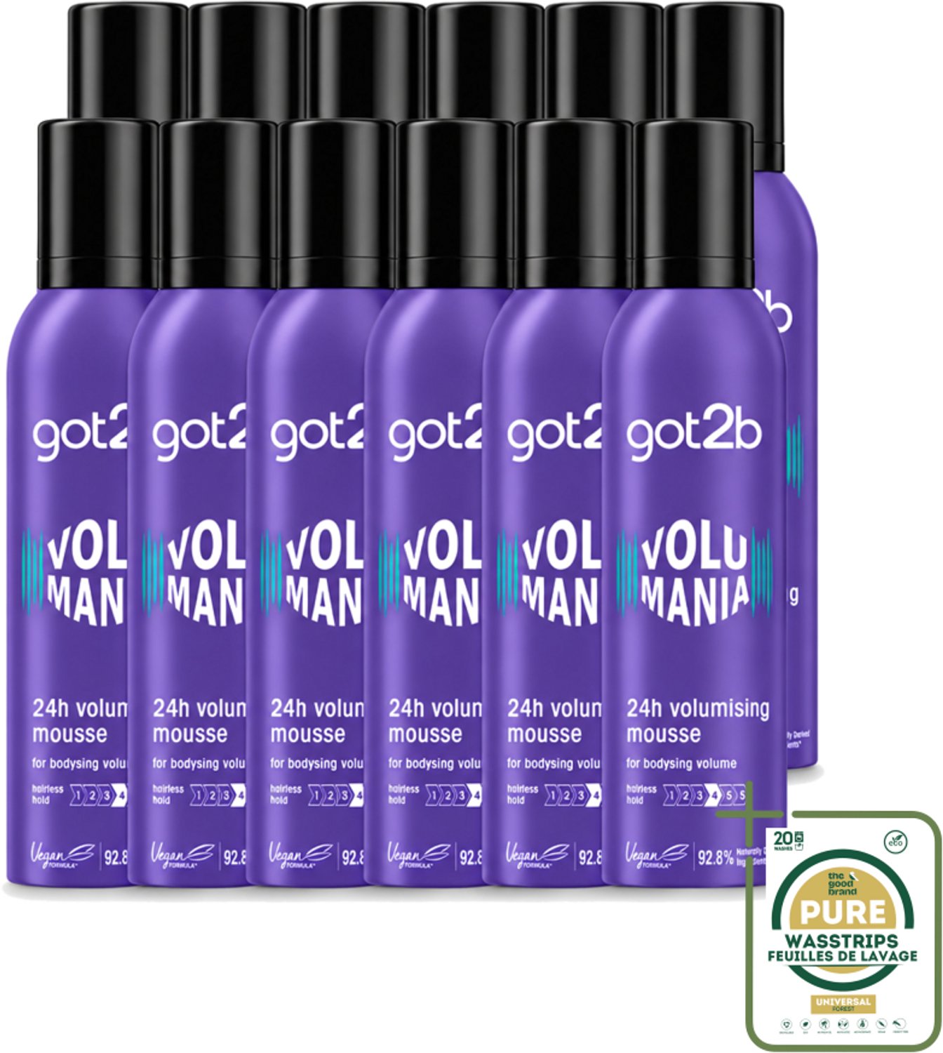 12 x Got2B - Volumemousse - Volumania 24H - 250 ml - Wasstrips - Haar Volume - Haarspray - Haarmousse - Vegan Haarproduct - Natuurlijke Ingrediënten