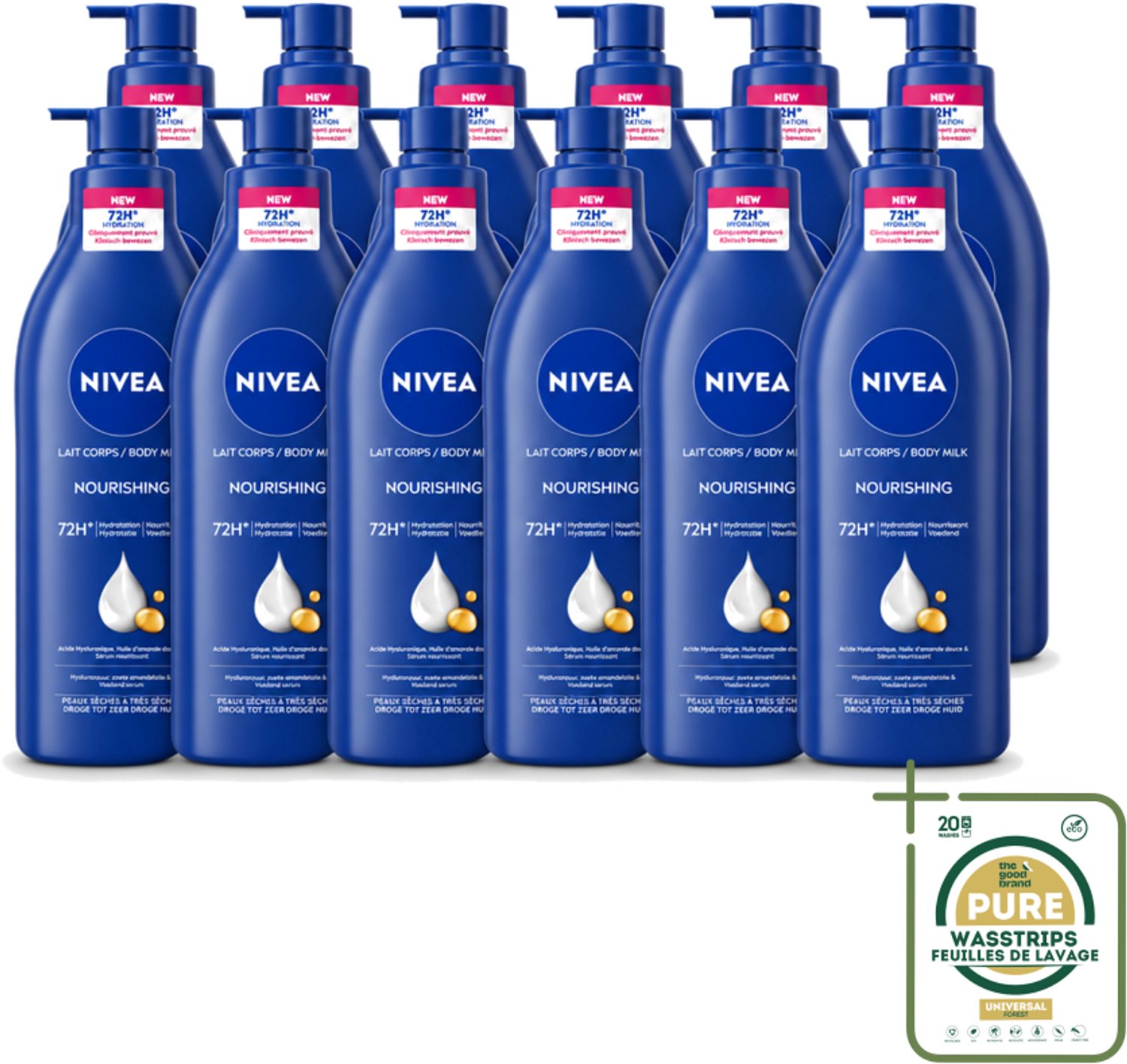 12 x Nivea - Nourishing - Body Milk met Pomp - Voor Droge tot Zeer Droge Huid - 72 uur Hydratatie - 400 ml - Wasstrips - Hydratatie - Droge Huid - Body Milk - Huid Verzorging - Hyaluronzuur