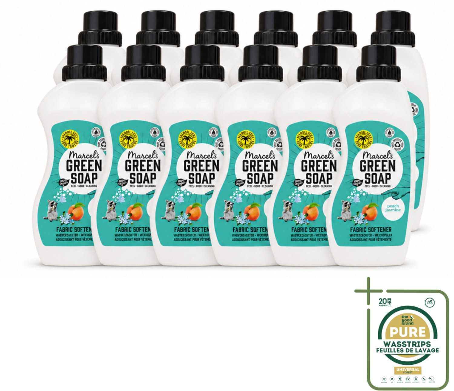 12 x Marcel's Green Soap - Wasverzachter - Perzik & Jasmijn - Zachte frisheid - 30 Wasbeurten - 750 ml - Wasstrips - Wasverzachter - Wasverzachter Perzik En Jasmijn - Wasverzachter Voor Kleding - Wasverzachter Frisheid - Wasverzachter Vegan