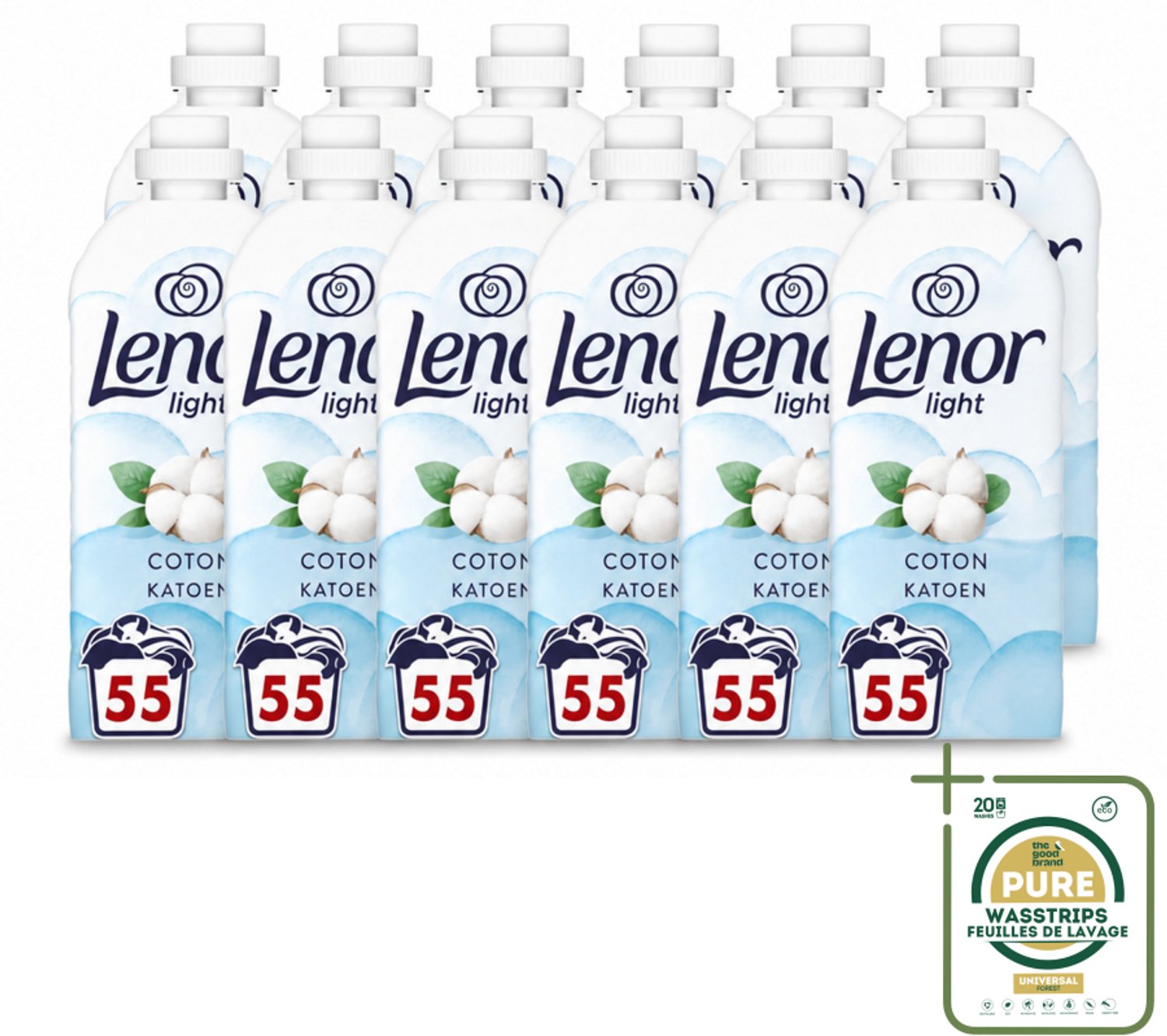 12 x Lenor Light - Wasverzachter - Katoen - Fris & Zacht - 55 Wasbeurten - Wasstrips - Wasverzachter Katoen - Wasverzachter Fris - Wasverzachter Milde - Wasverzachter Zacht - Wasverzachter Bloemig