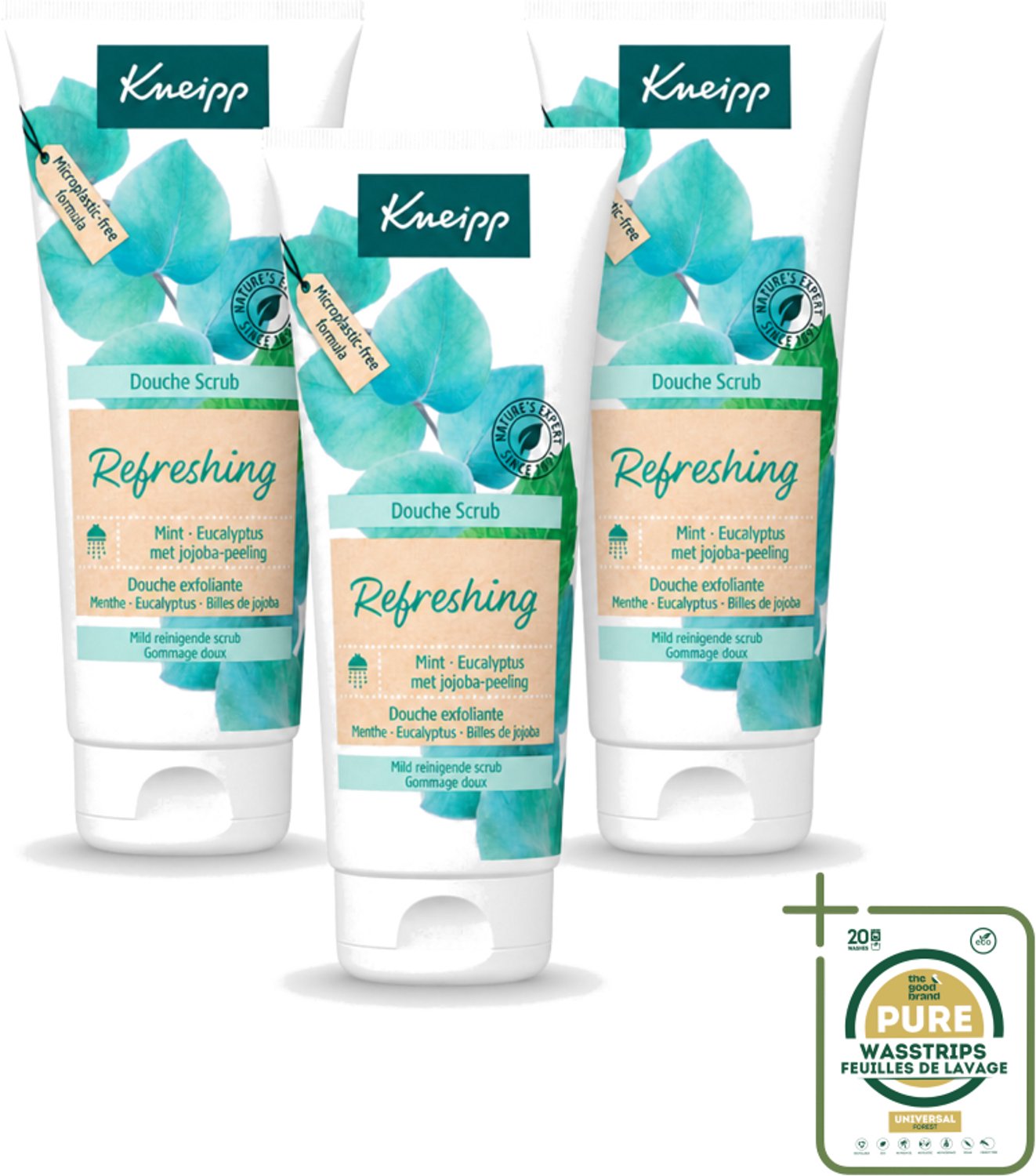 3 x Kneipp - Douche scrub - Refreshing - Mint & Eucalyptus - 200 ml - Wasstrips - Douche Scrub - Huidpeel - Exfoliatie - Verfrissende Douche - Mint En Eucalyptus